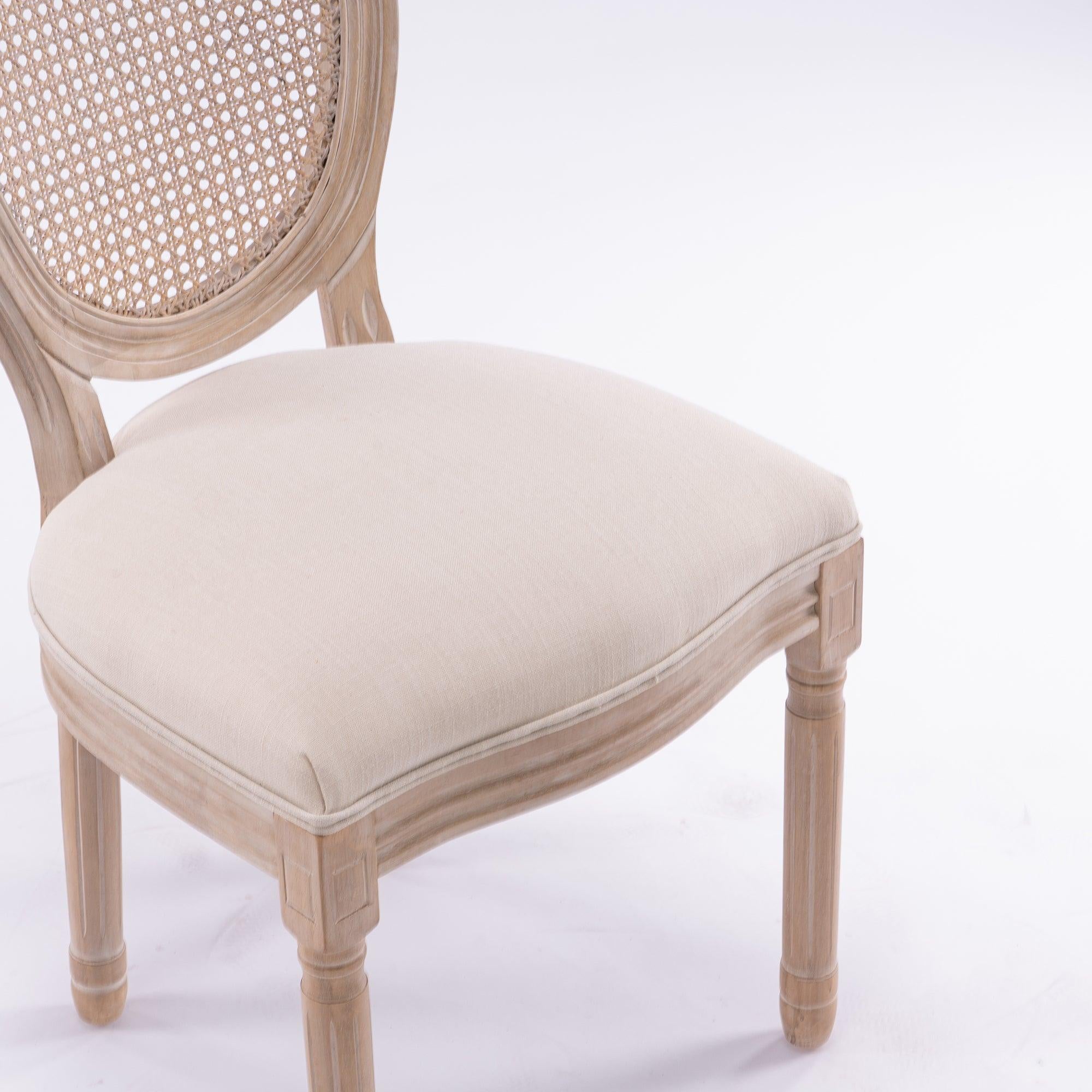 French Style Solid Wood Frame Antique Painting Linen Fabric Rattan Back Dining Chair,Set of 2,Cream