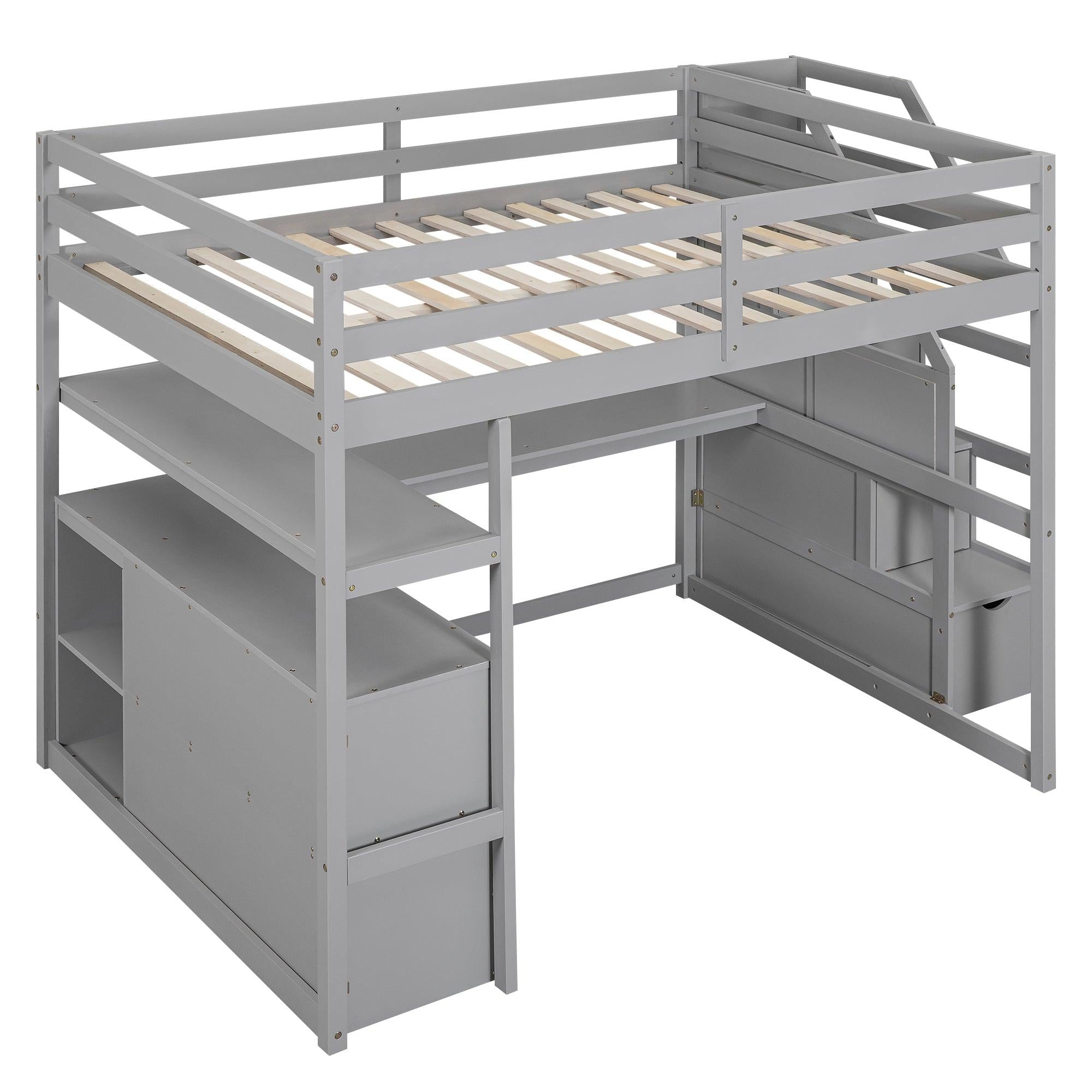 Full Size Loft Bed with Desk and Shelves, Two Built-in Drawers,Storage Staircase, Gray