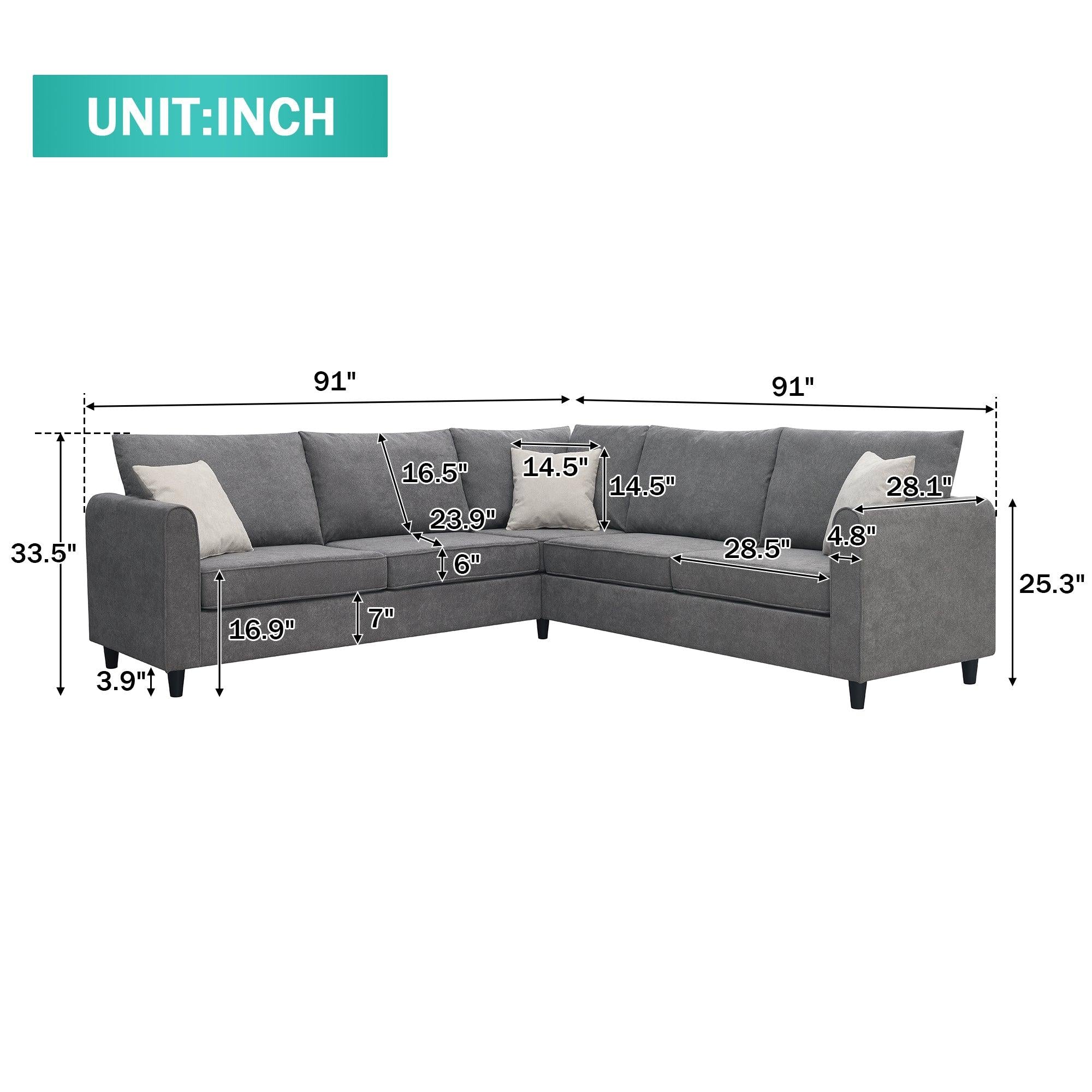 91*91"Modern Upholstered Living Room Sectional Sofa, L Shape Furniture Couch with 3 Pillows