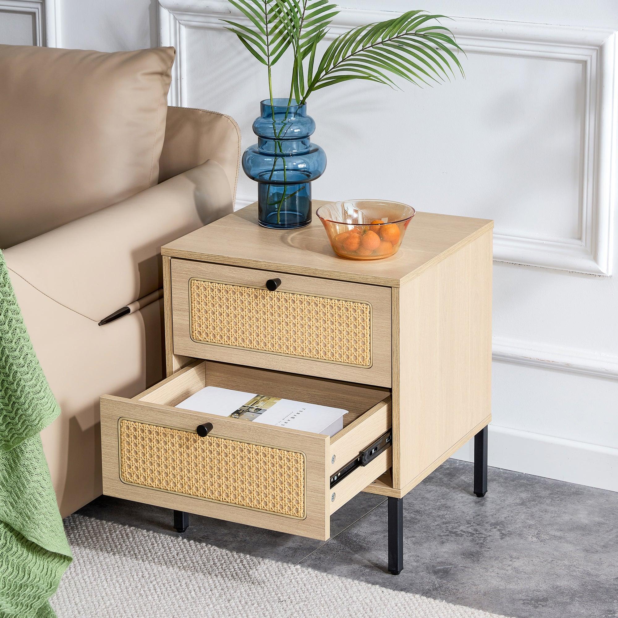 Modern simpleStorage cabinet MDF Board bedside cabinet Japanese rattan bedside cabinet Small household furniture bedside table.Applicable to dressing table in bedroom, porch, living room.2 Drawers