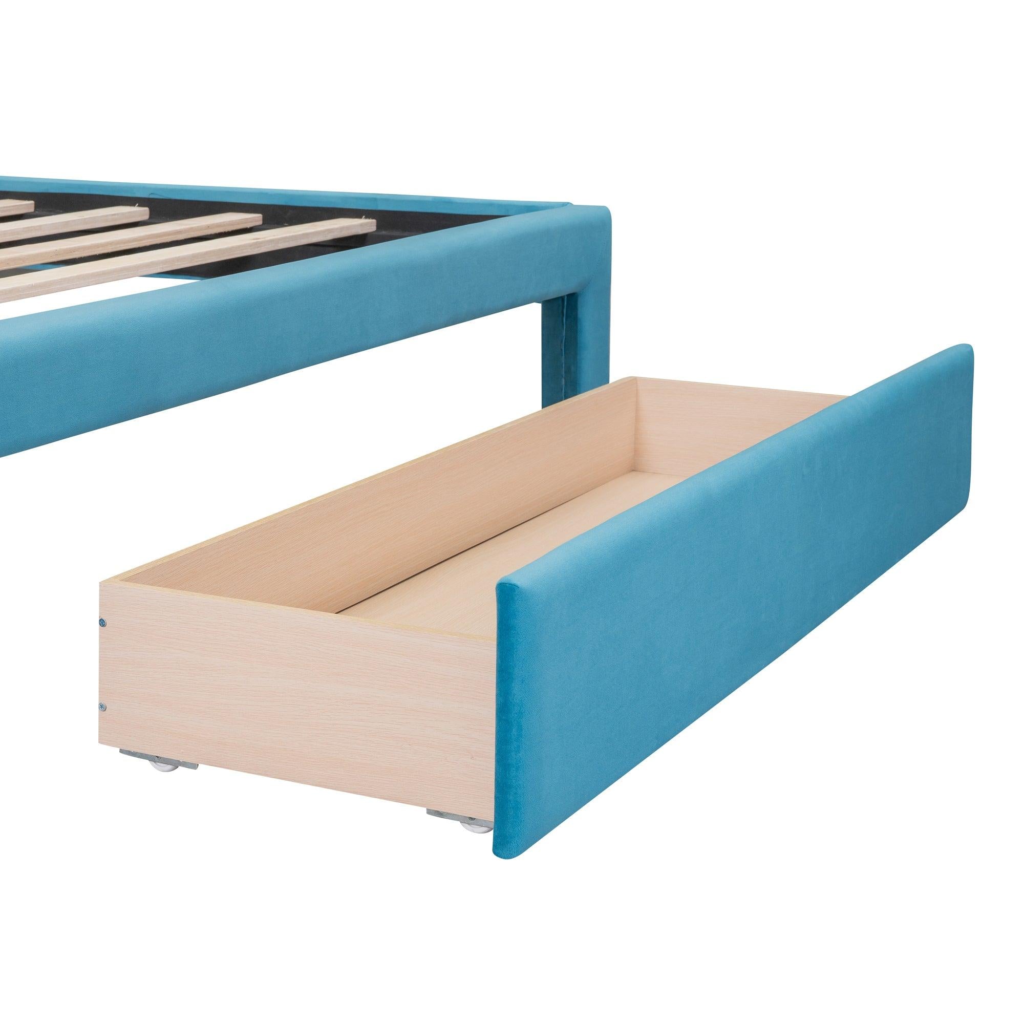 Queen SizeStorage Bed Velvet Upholstered Platform Bed with a Big Drawer - Blue