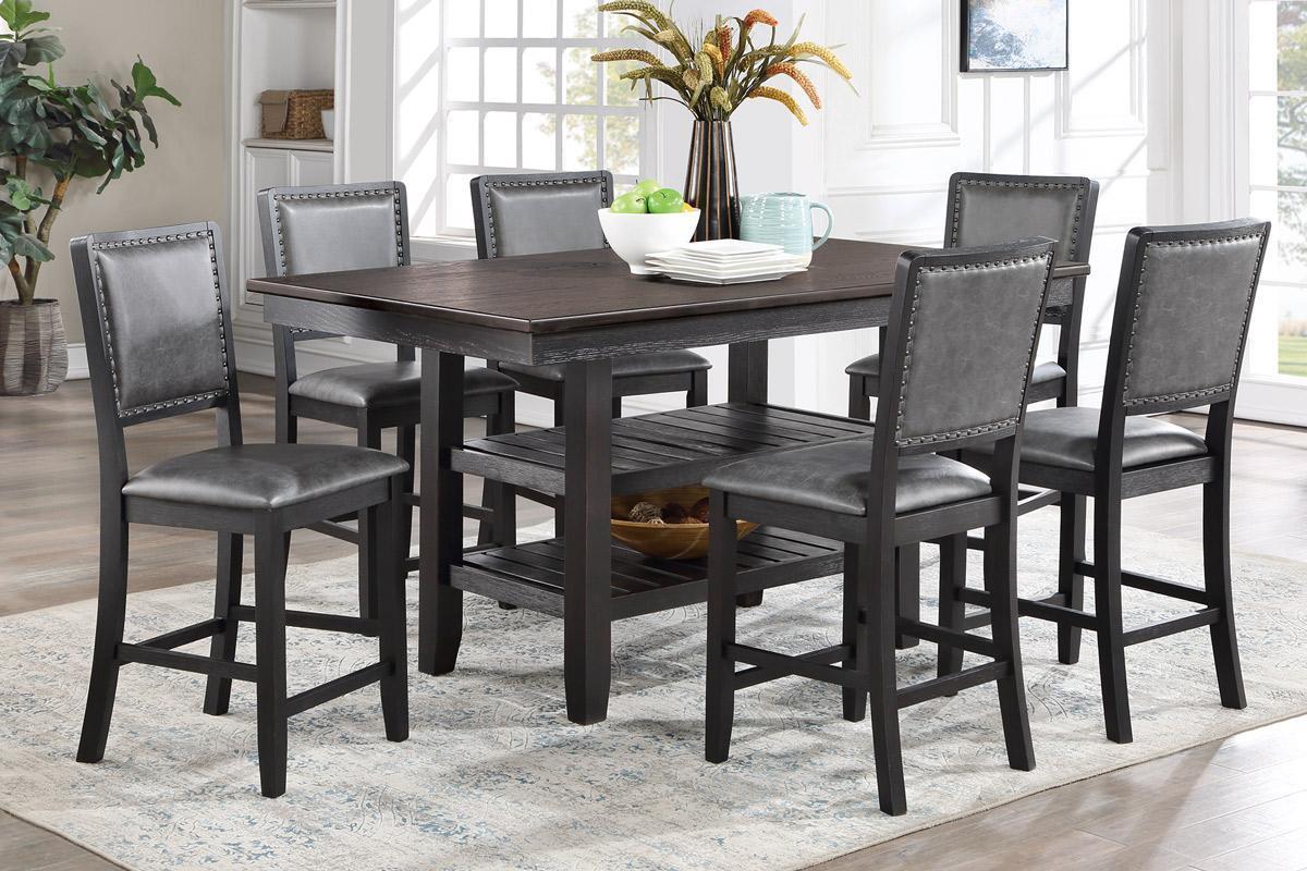 Contemporary Dining Room 7pc Set Grey Finish PU Counter Height Dining Table w Shelf and 6x High Chairs Fabric Upholstered seats Back Counter Height Chairs