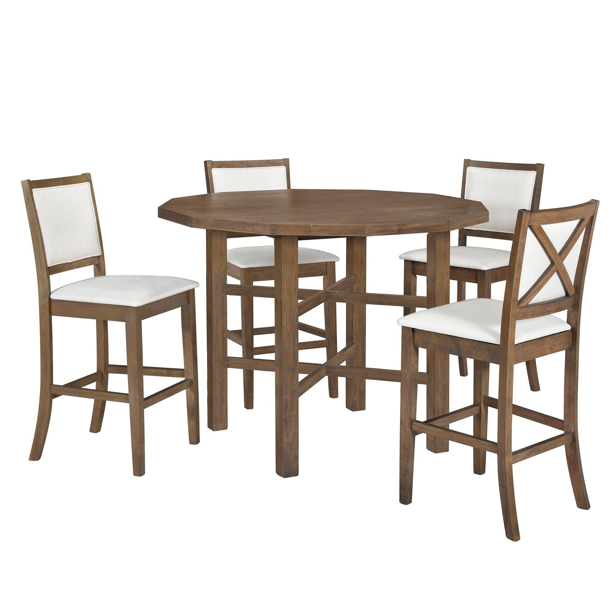 5-Piece Rubber Wood Counter Height Dining Table Set, Irregular Table with 4 High-back Cushioned Chairs for Small Place, Brown