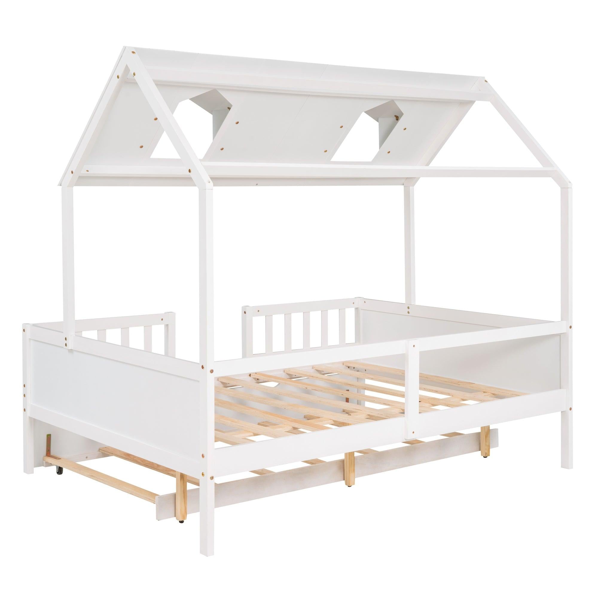 Full Size House Bed Wood Bed with  Twin Size Trundle ( White )