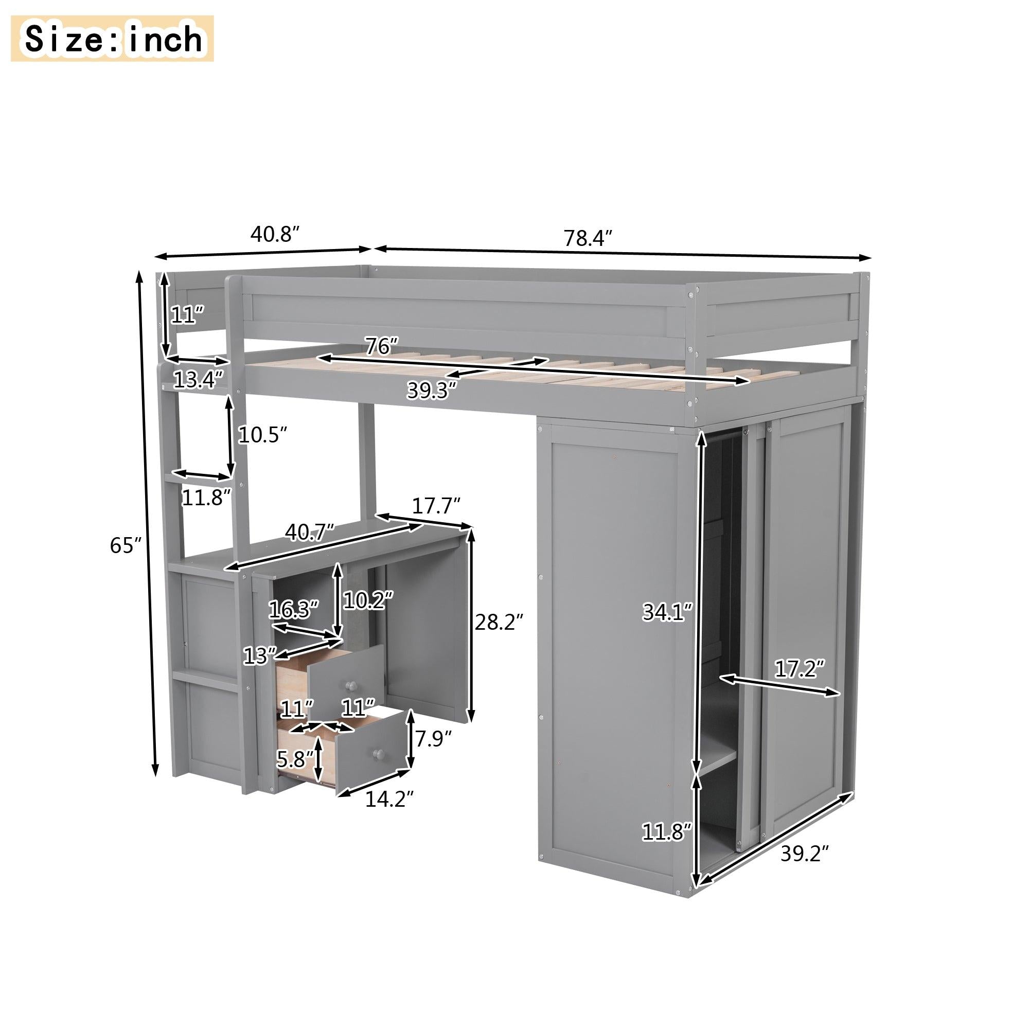 Wood Twin Size Loft Bed with Wardrobes and 2-Drawer Desk with Cabinet, Gray