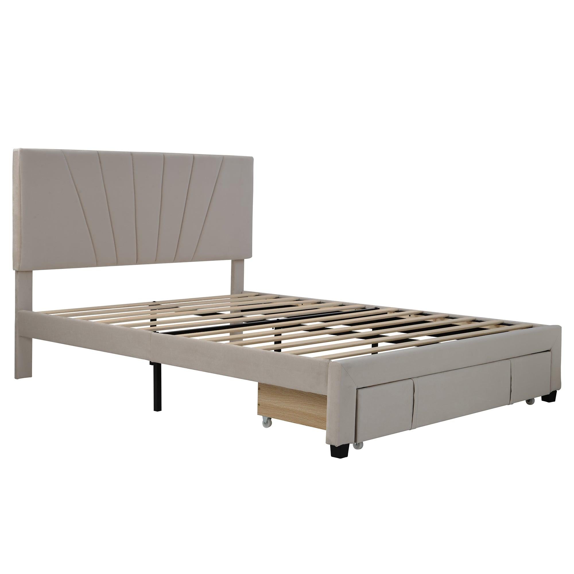 Queen SizeStorage Bed Velvet Upholstered Platform Bed with a Big Drawer - Beige