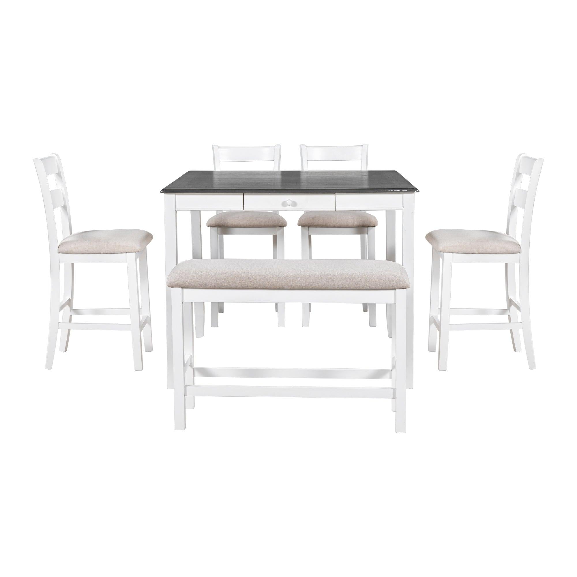 Wood 6-Piece Dining Table Set withStorage Drawer, Counter Height Square Kitchen Set with Upholstered Chair and Bench, White