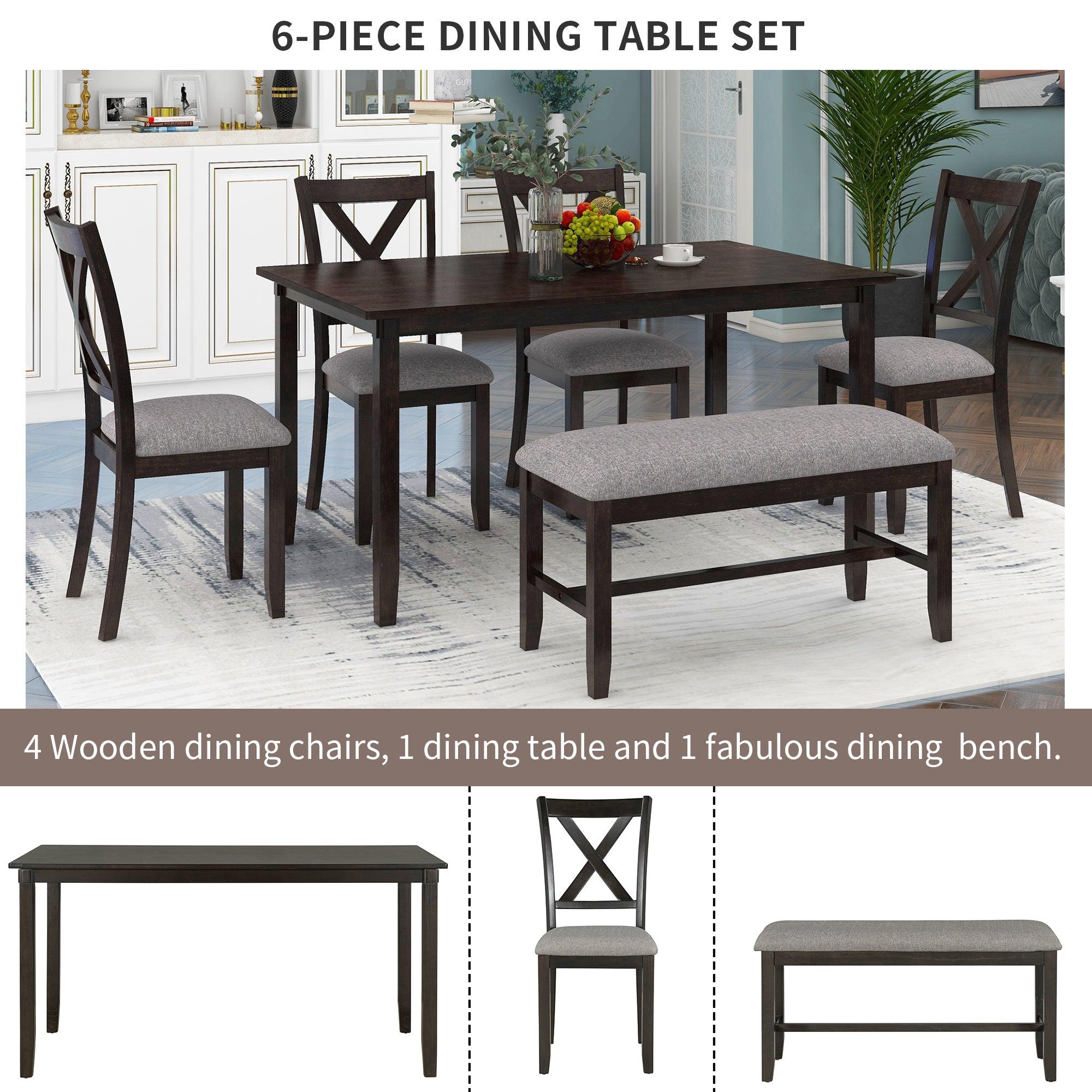 6-Piece Kitchen Dining Table Set Wooden Rectangular Dining Table, 4 Fabric Chairs and Bench Family Furniture (Espresso)