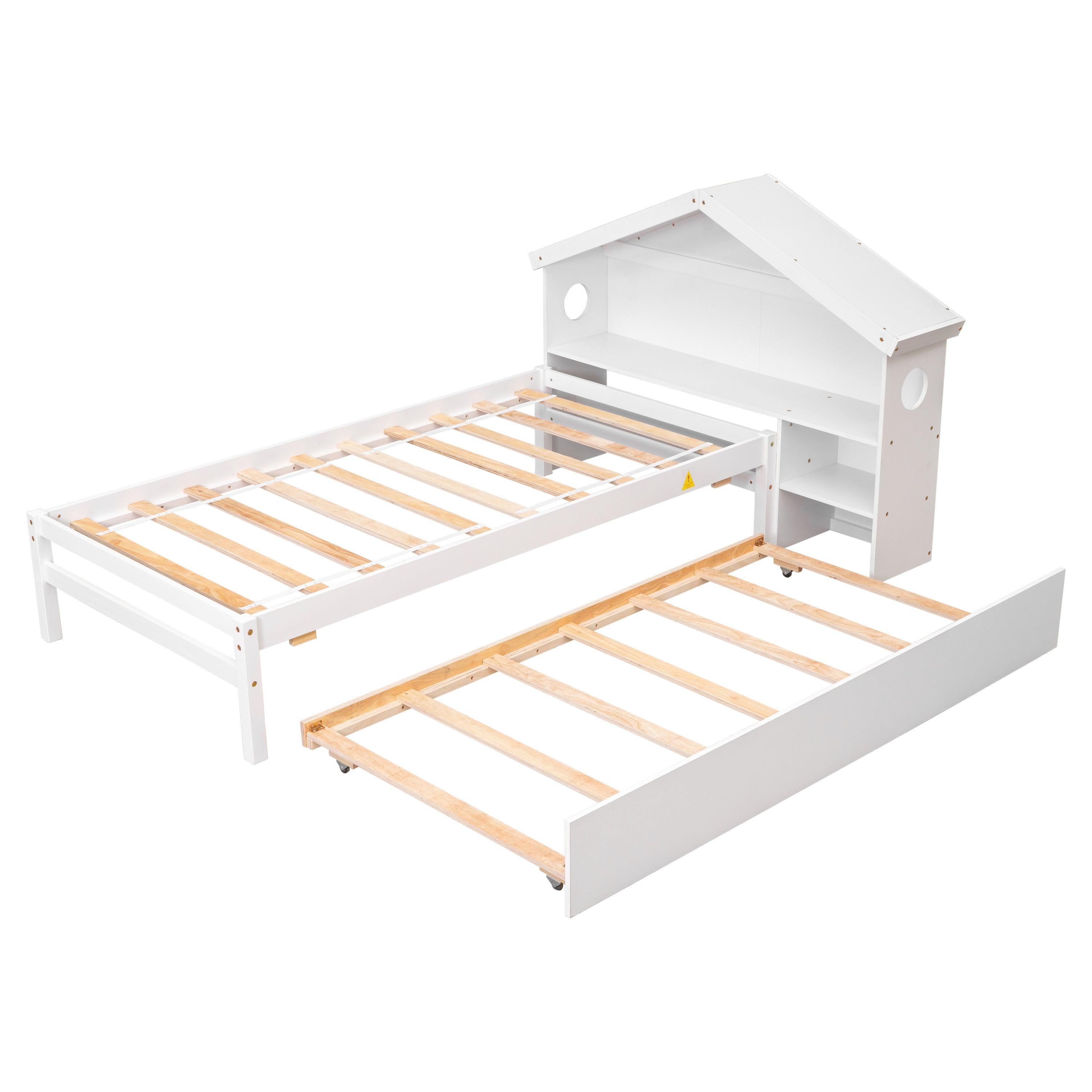 TwinStorage House Bed for kids with Bedside Table, Trundle, White