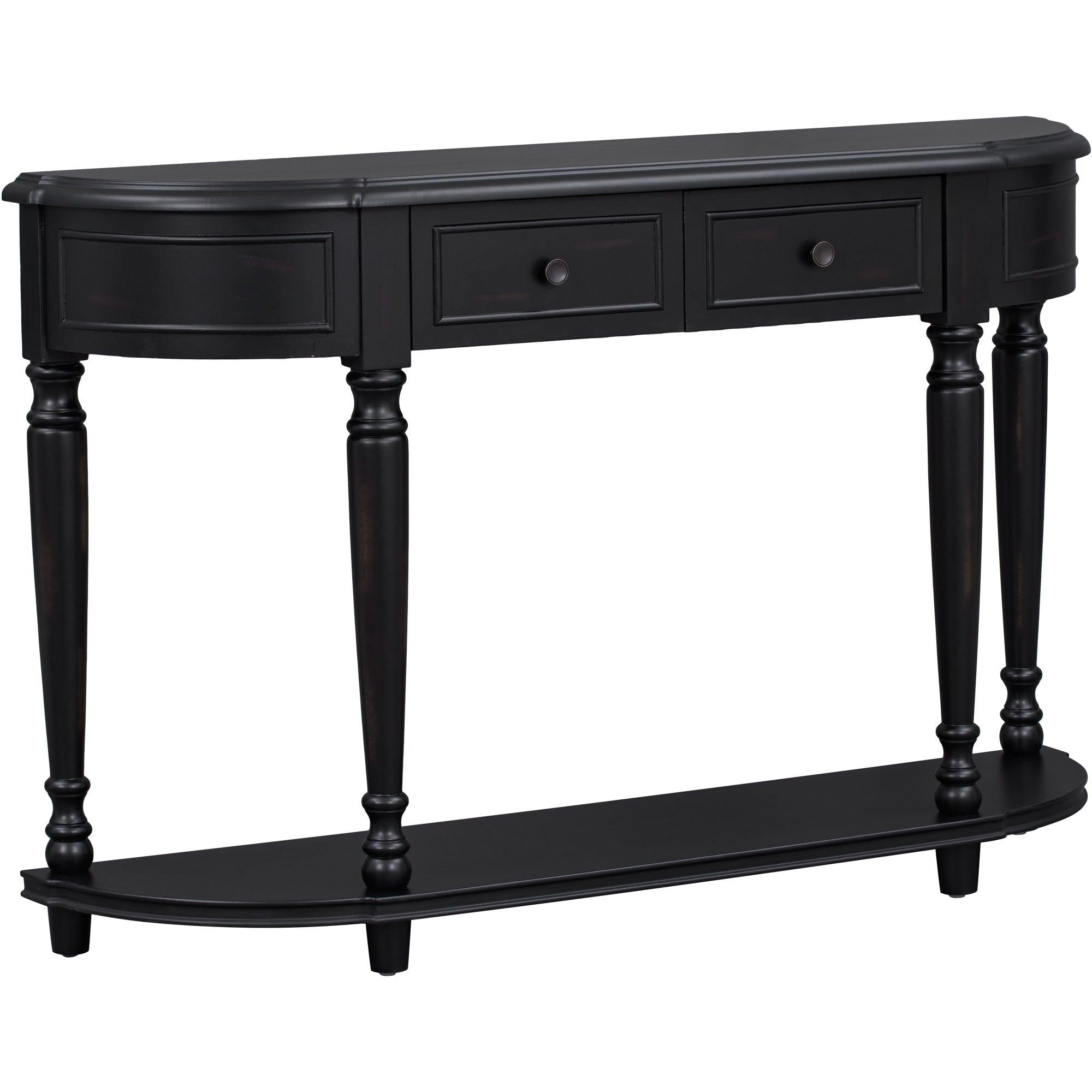 Retro Circular Curved Design Console Table with Open Style Shelf Solid Wooden Frame and Legs Two Top Drawers (Black)