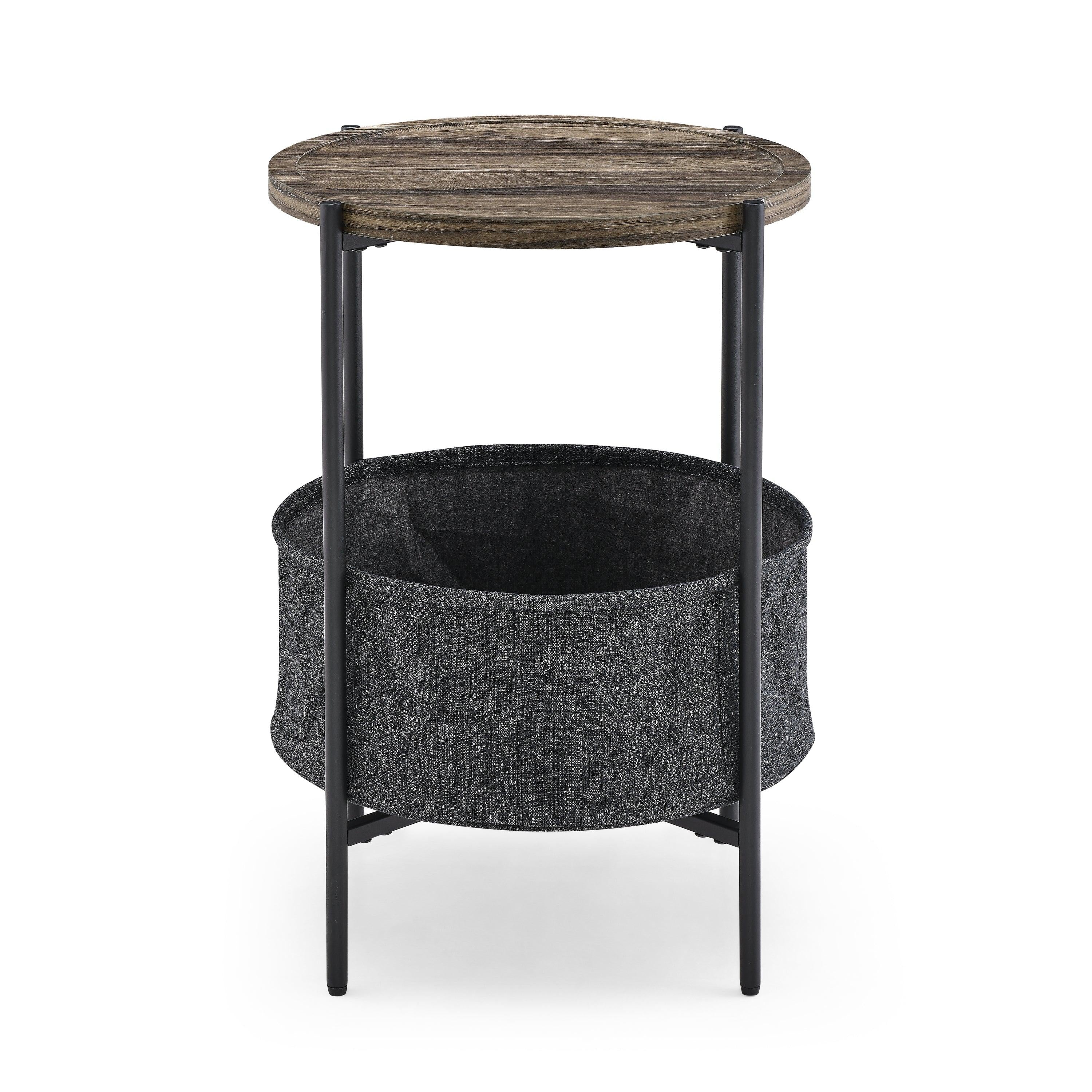 Modern Accent End Table withStorage Basket，Grey Cloth Bag and Brown Top （18“x18”x24“）