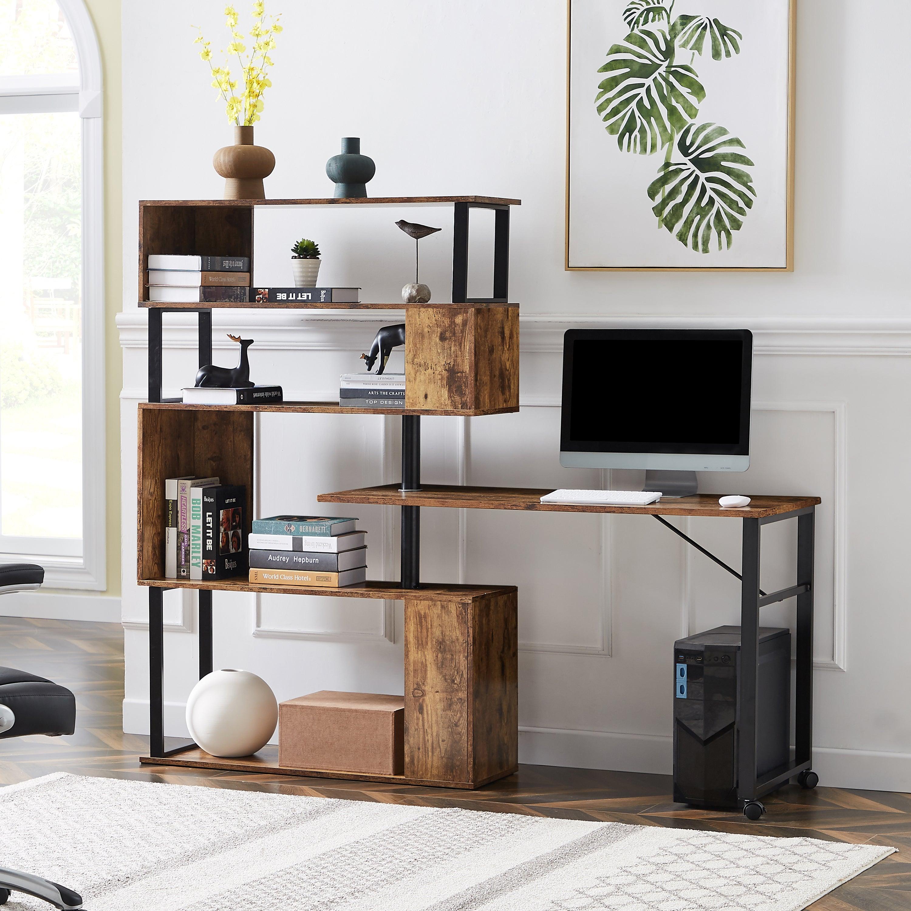 Home Office Computer Desk L-Shaped Corner Table, Rotating Computer Table with 5-Tier Bookshelf, Four Installation Methods, Lockable Casters (Tiger) image