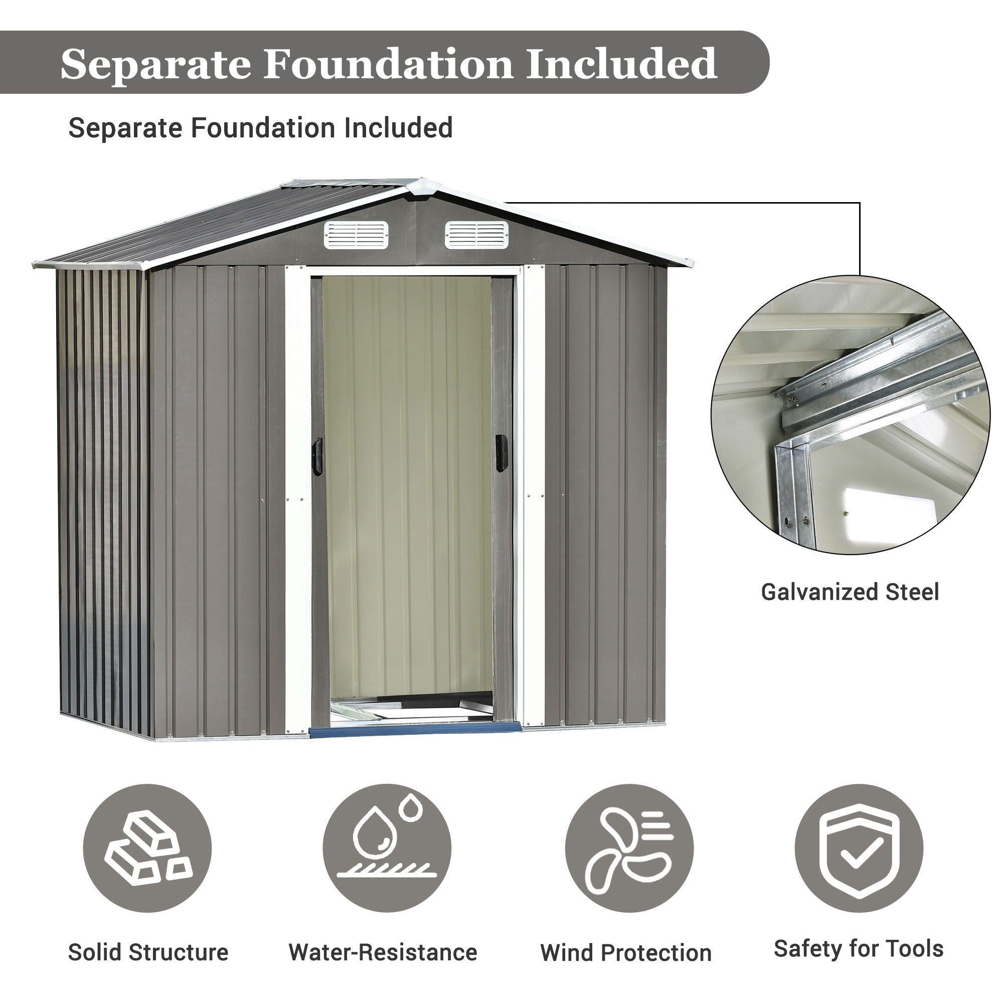 Patio 6ft x4ft Bike Shed Garden Shed, MetalStorage Shed with Lockable Door, Tool Cabinet with Vents and Foundation for Backyard, Lawn, Garden, Gray