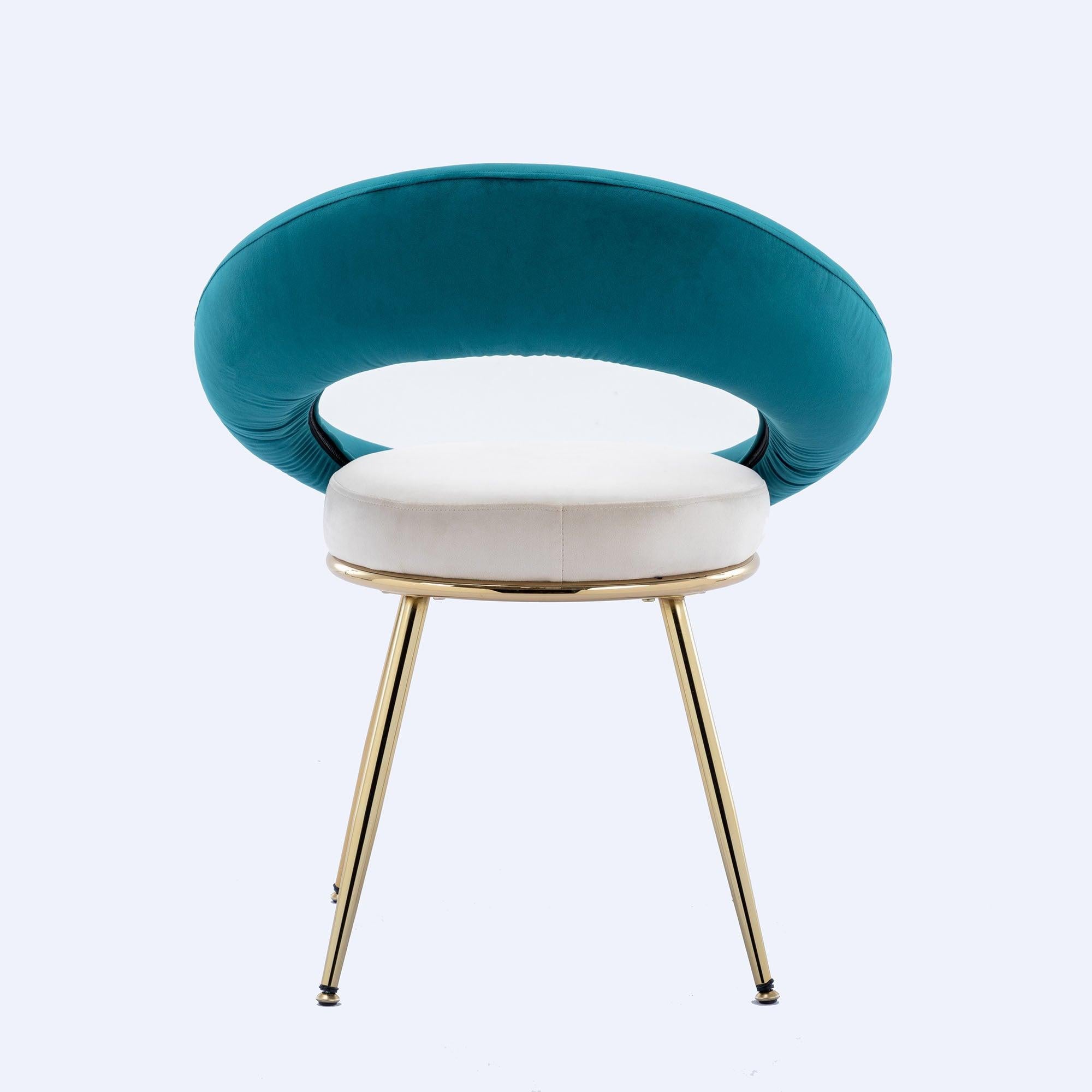 Peacock Blue+Off-White VelvetModern accent/Conversation Lounge Chair With  Gold Plated Legs, unique appearance，Suitable For Office, Lounge, Living Room