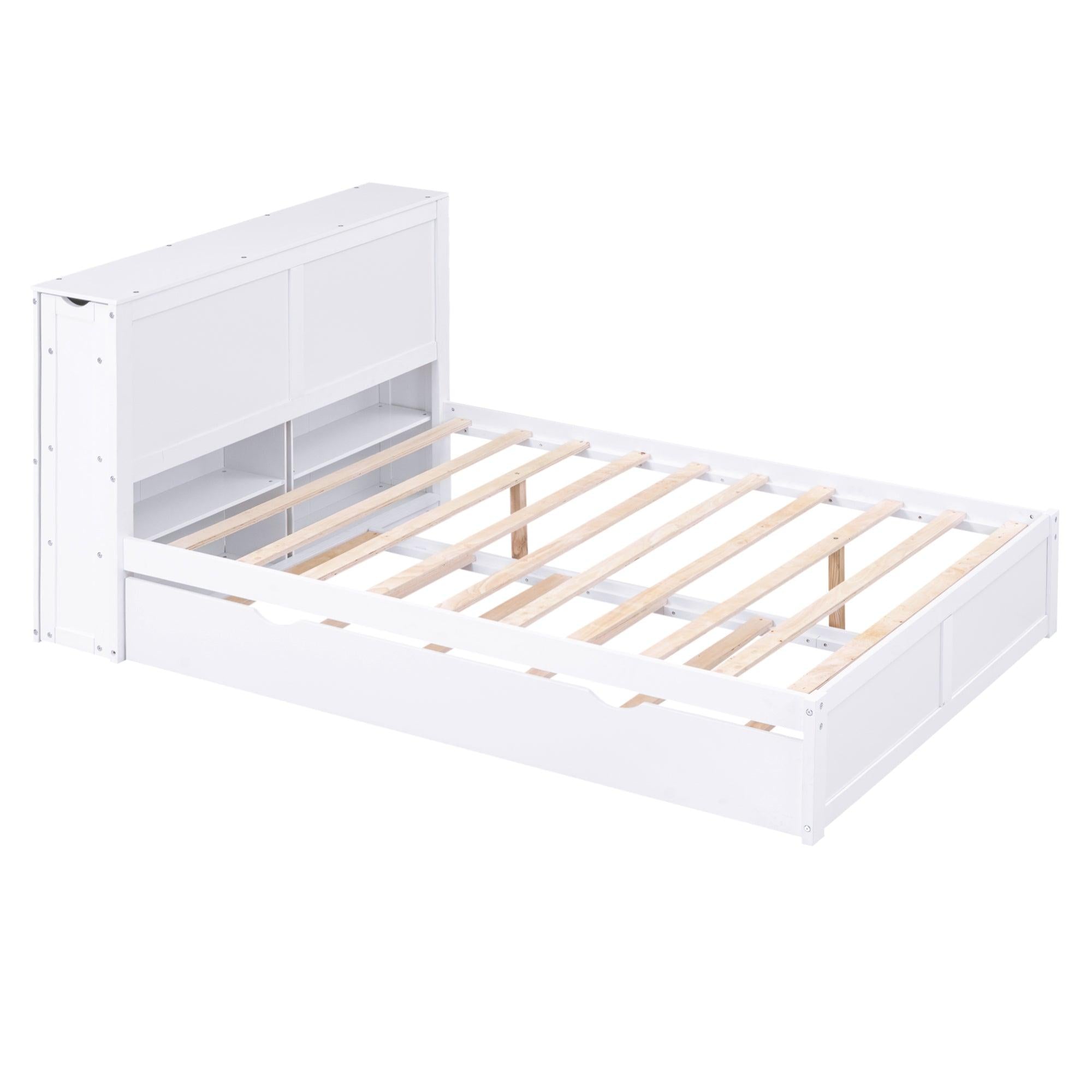 Full SizeStorage Platform Bed with Pull Out Shelves and Twin Size Trundle, White