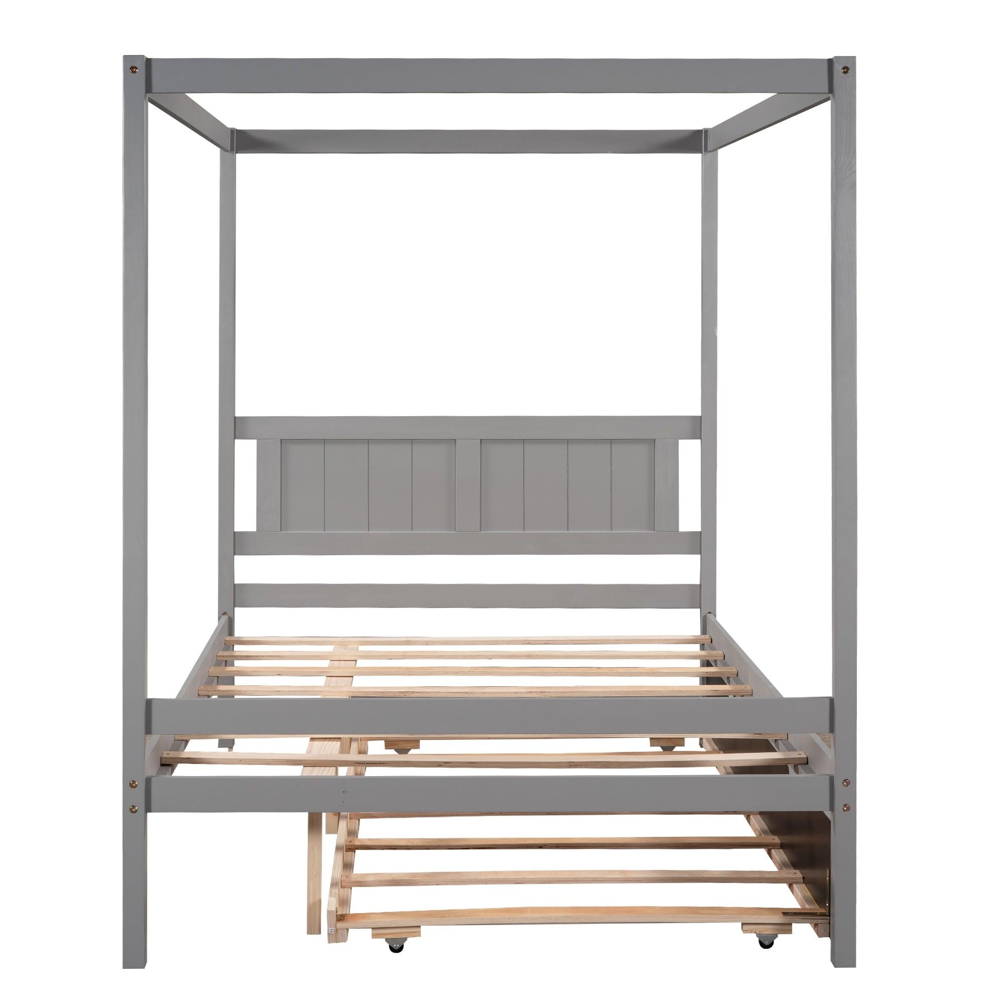 Full Size Canopy Platform Bed with Trundle,With Slat Support Leg,Gray