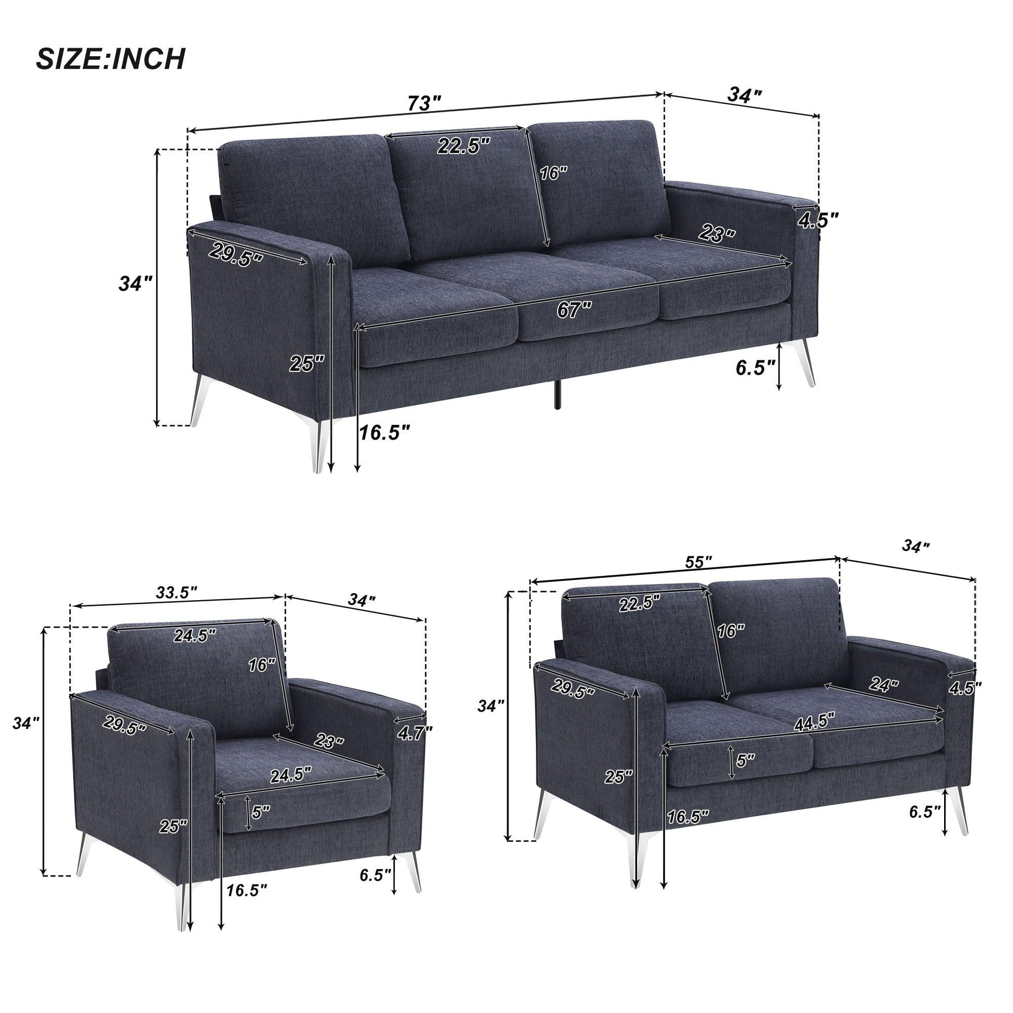 Modern 3-Piece Sofa Sets with Sturdy Metal Legs,Chenille Upholstered Couches Sets Including 3-Seat Sofa, Loveseat and Single Chair for Living Room Furniture Set (1+2+3 Seat)