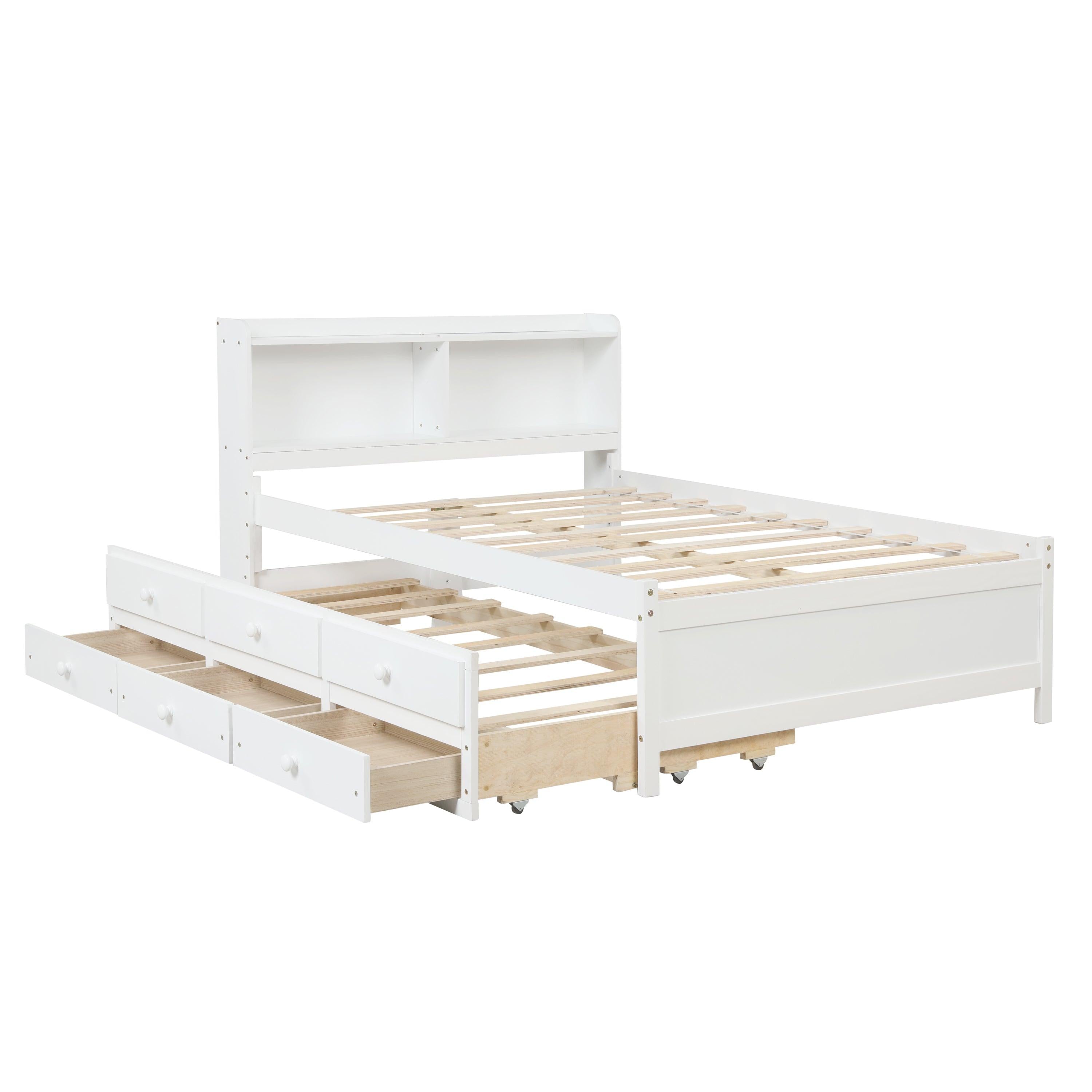 Full Bed with Bookcase,Twin Trundle,Drawers,White