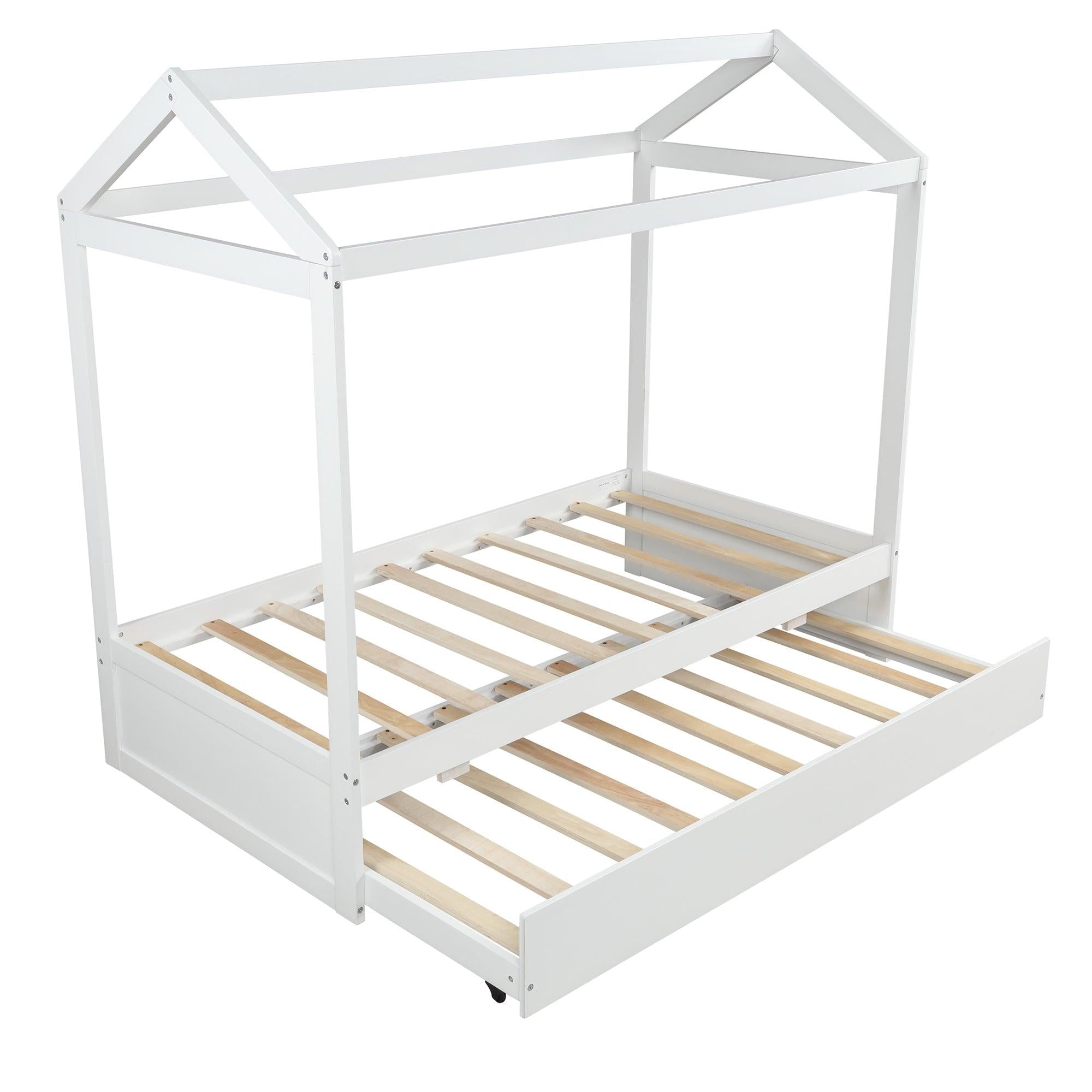 House Bed with Trundle, can be Decorated,White