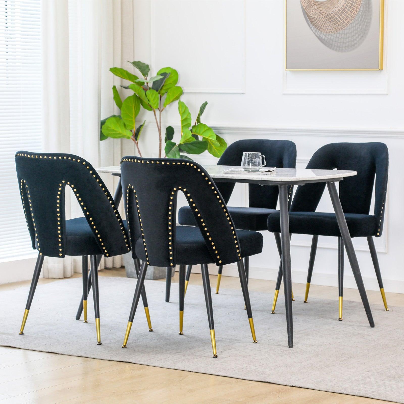 Akoya CollectionModern | Contemporary Velvet Upholstered Dining Chair with Nailheads and Gold Tipped Black Metal Legs,Black，Set of 2