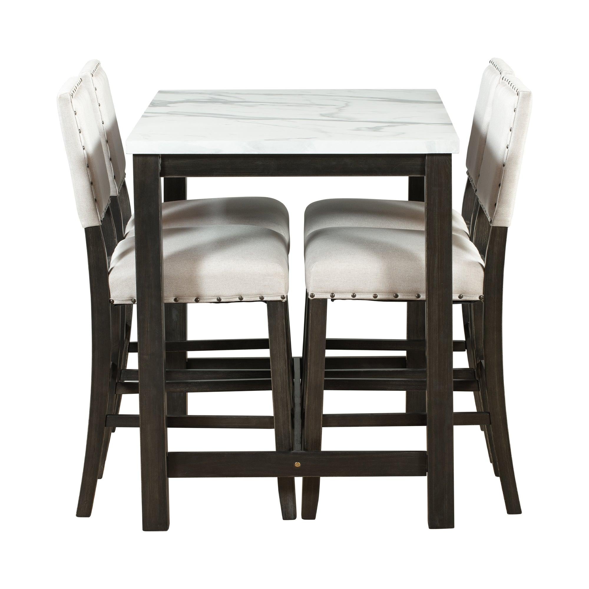 5 Piece Rustic Wooden Counter Height Dining Table Set with 4 Upholstered Chairs for Small Places, Faux Marble Top+Black Body