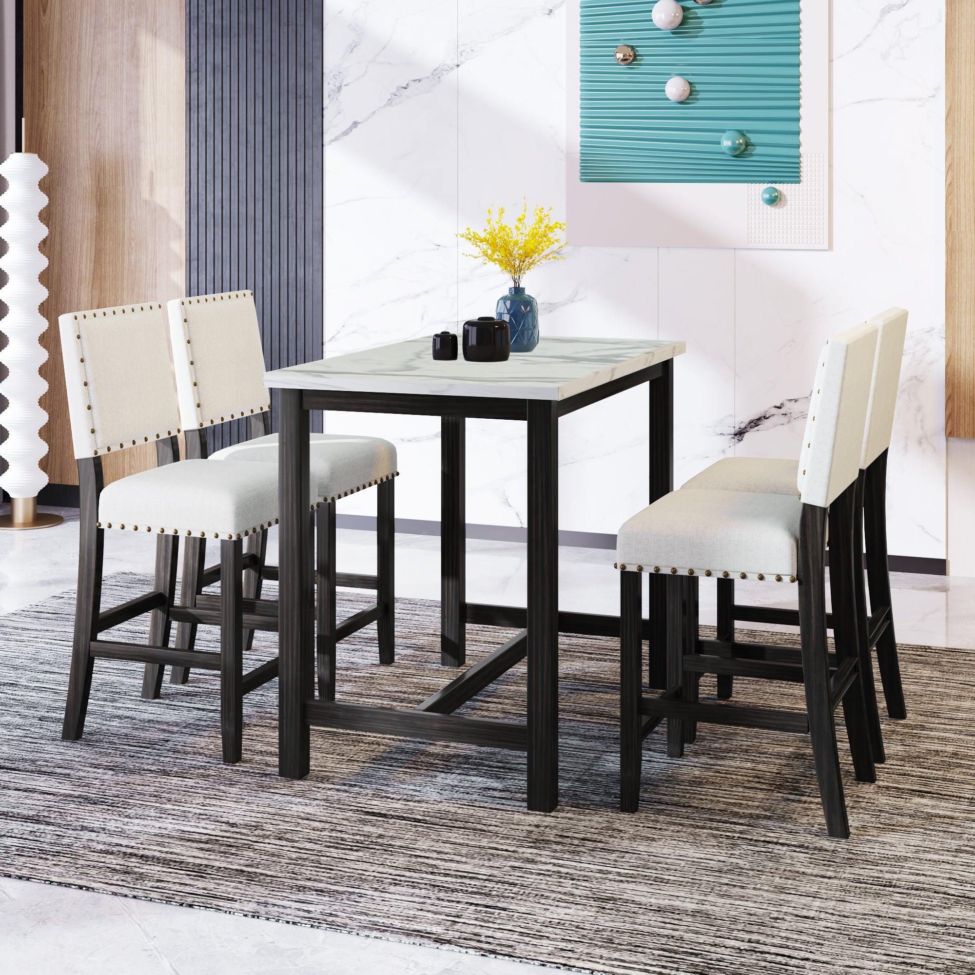 5 Piece Rustic Wooden Counter Height Dining Table Set with 4 Upholstered Chairs for Small Places, Faux Marble Top+Black Body image