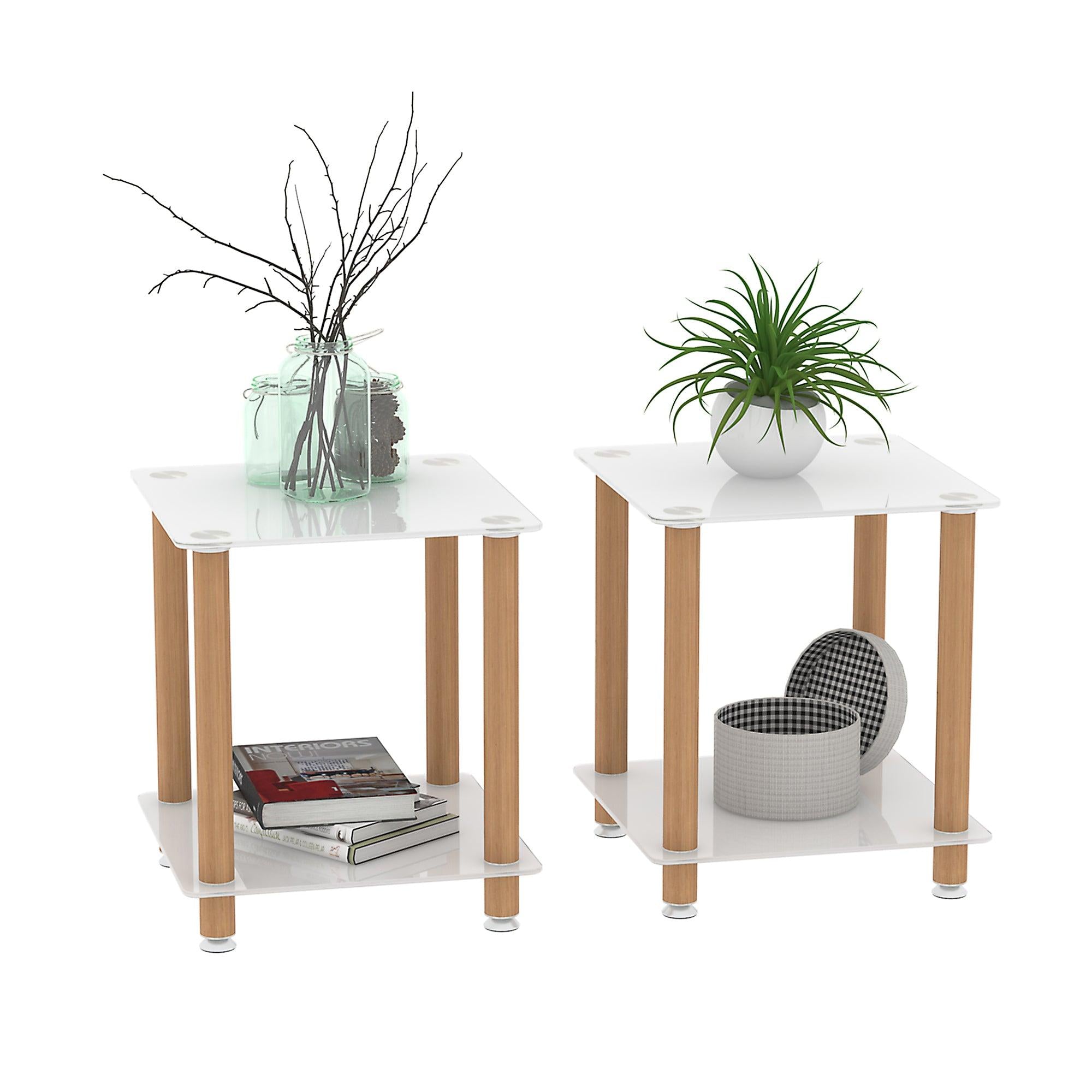 2-Piece White+Oak Side Table , 2-Tier Space End Table ,Modern Night Stand, Sofa table, Side Table withStorage Shelve