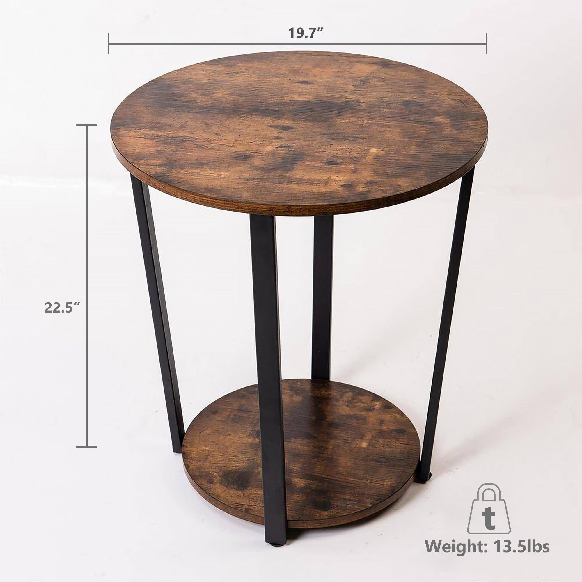 Vintage End Table Sofa Side Table, 2-Tier Industrial Round Side Table Nightstand Bed Side Table withStorage Shelf, Rustic Brown