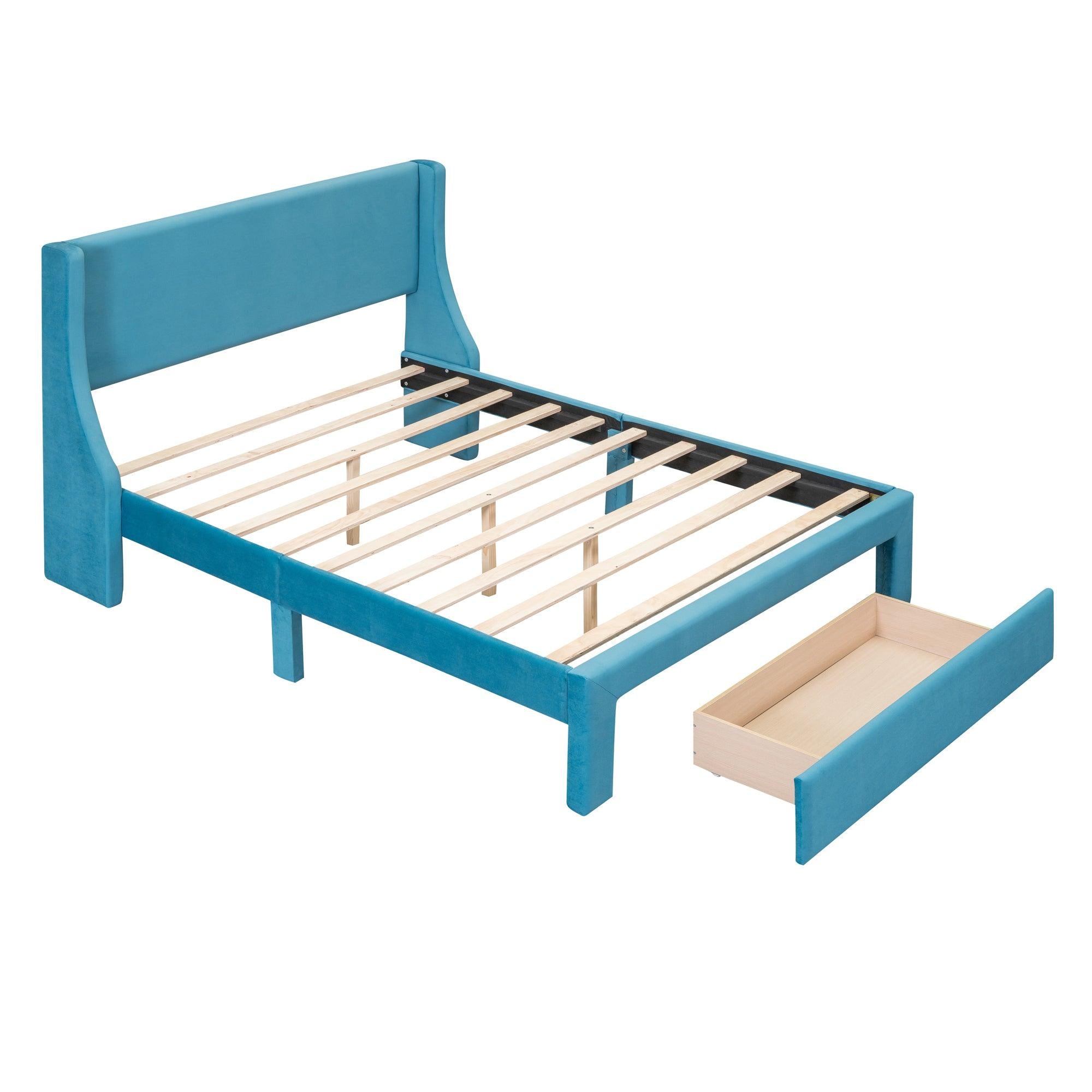 Full SizeStorage Bed Velvet Upholstered Platform Bed with a Big Drawer - Blue