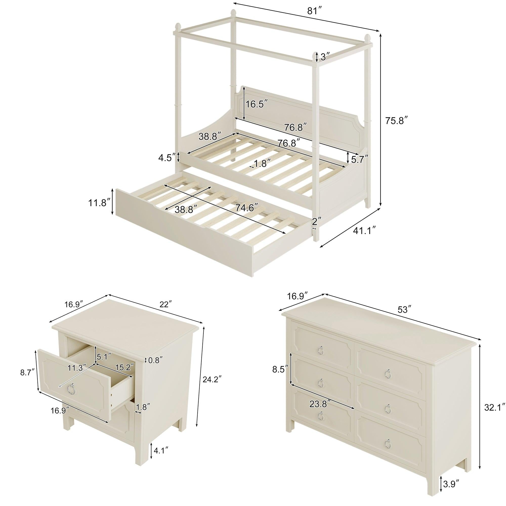 3 Pieces Bedroom Sets Milky White Solid Rubber Wood Twin Size Canopy Daybed with Trundle with Nightstand and Dresser