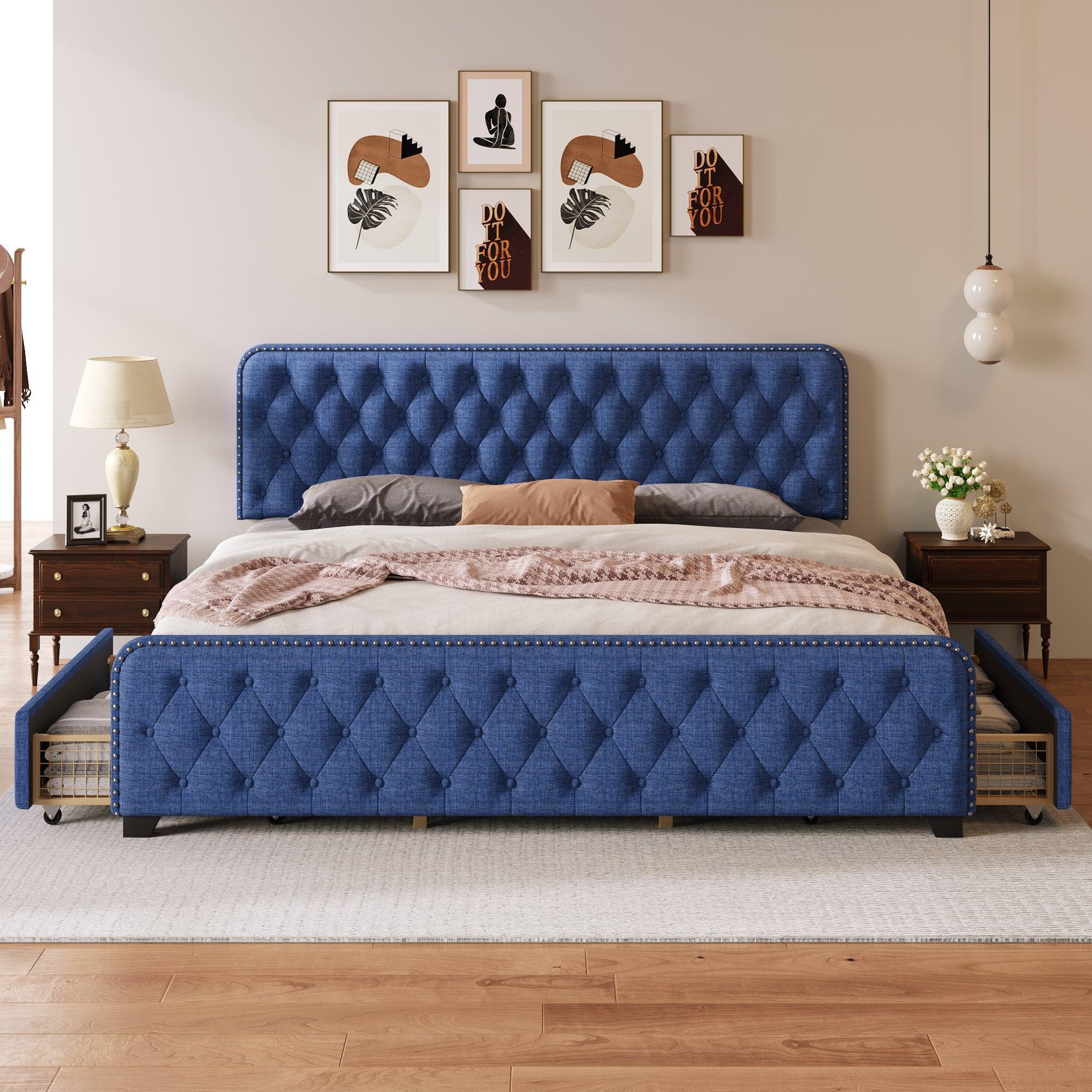 Upholstered Platform Bed Frame with Four Drawers, Button Tufted Headboard and Footboard Sturdy Metal Support, No Box Spring Required, Blue, King