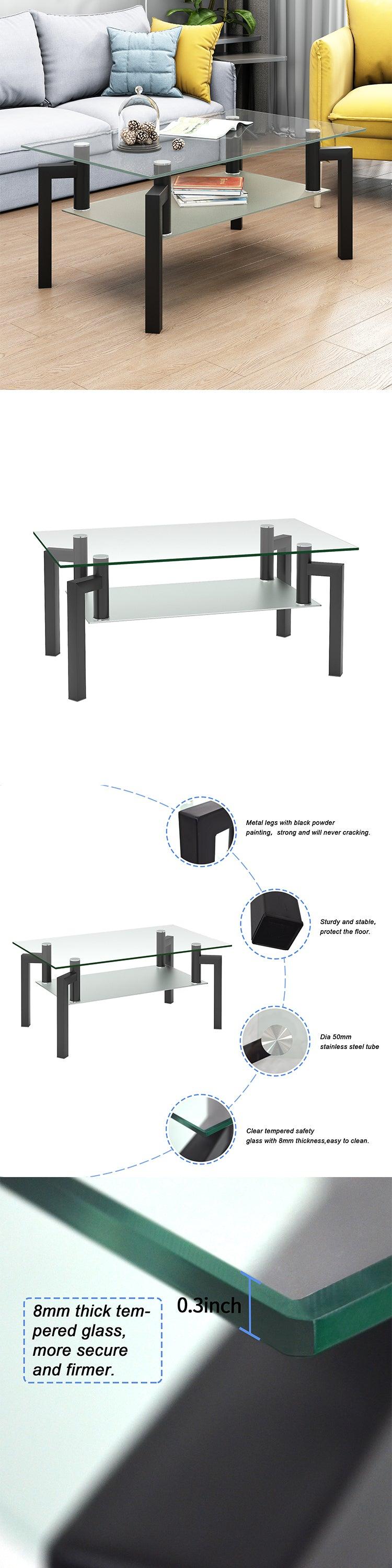 Rectangle Black Glass Coffee Table, Clear Coffee Table，Modern Side Center Tables for Living Room， Living Room Furniture