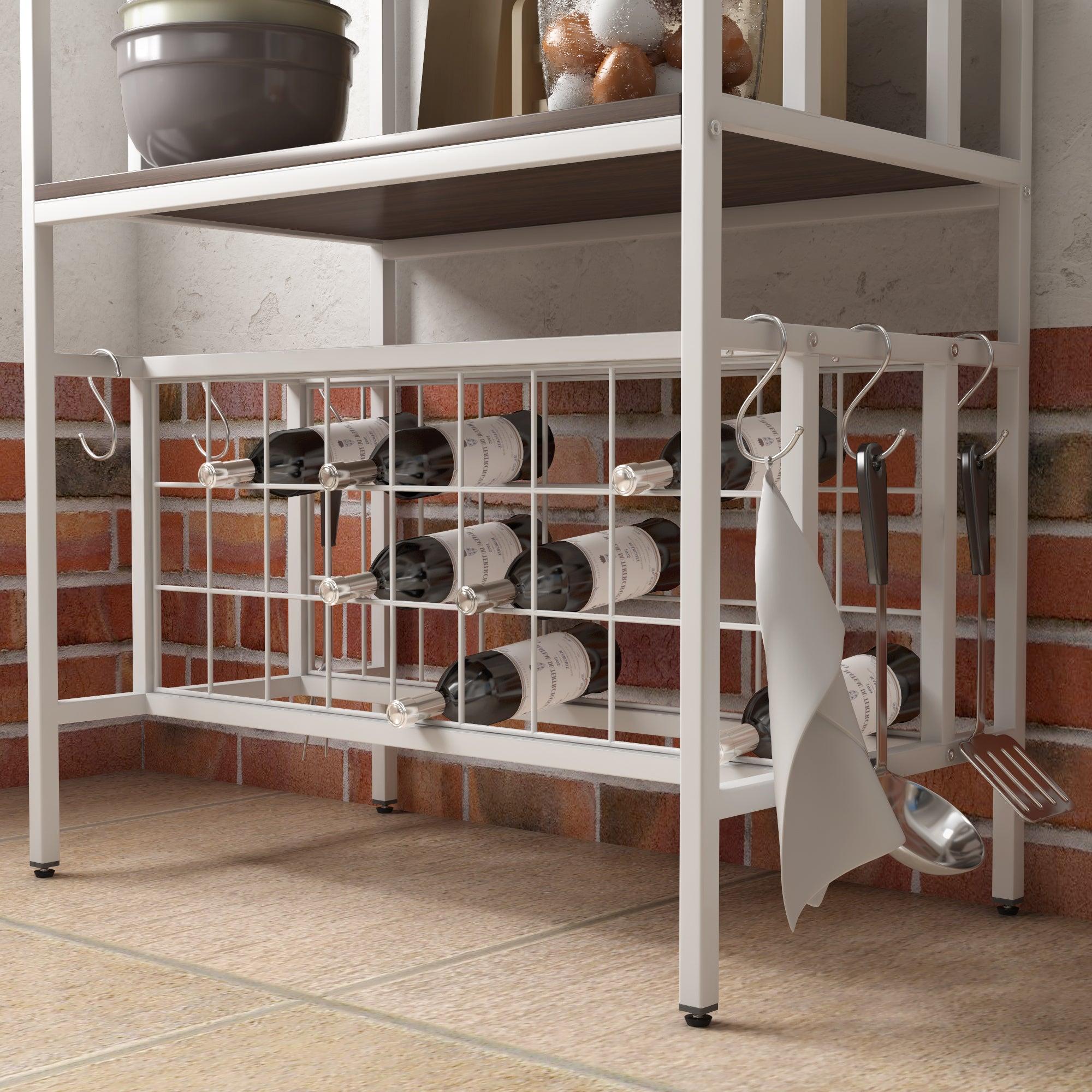 Updated IndustrialModern 5-Tier Baker Rack, Freestanding Bar Wine Rack Table with Glass& Cup Holders&Hooks,  Dark Brown