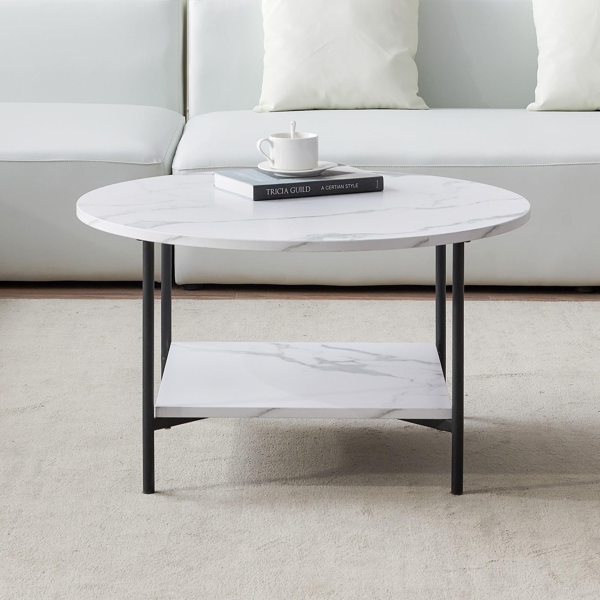 Modern Round coffee table withStorage,Black metal frame with marble color top-31.5"