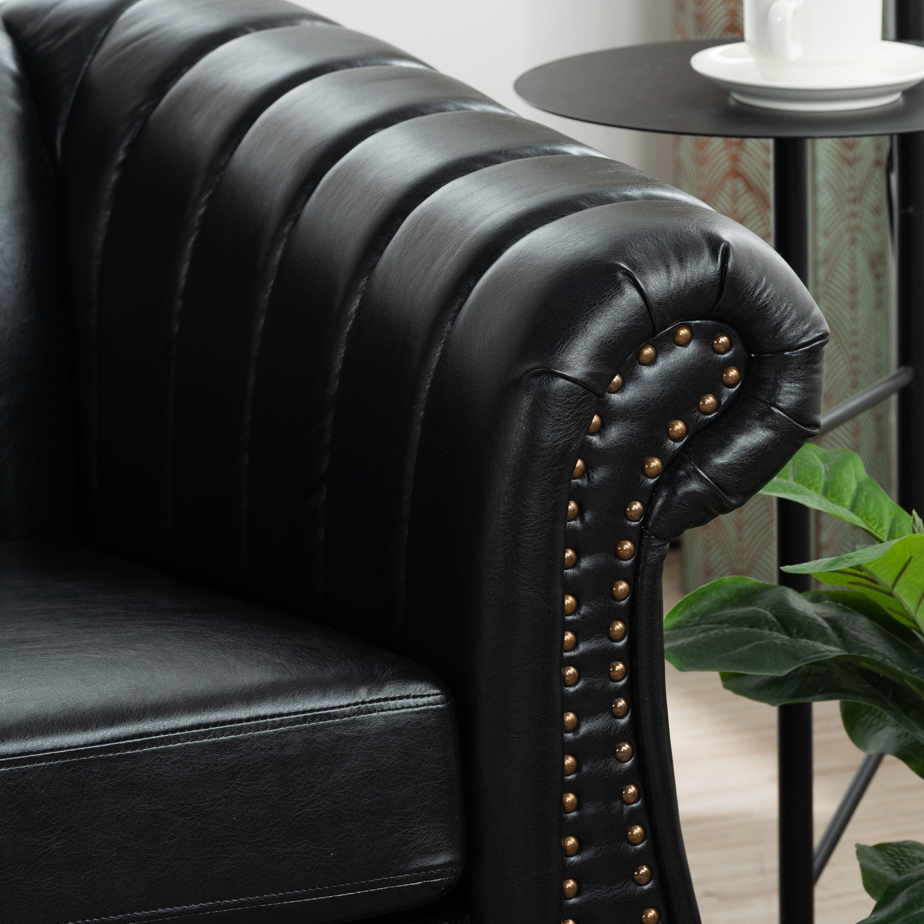 83.46'' Black PU Rolled Arm Chesterfield Three Seater Sofa.