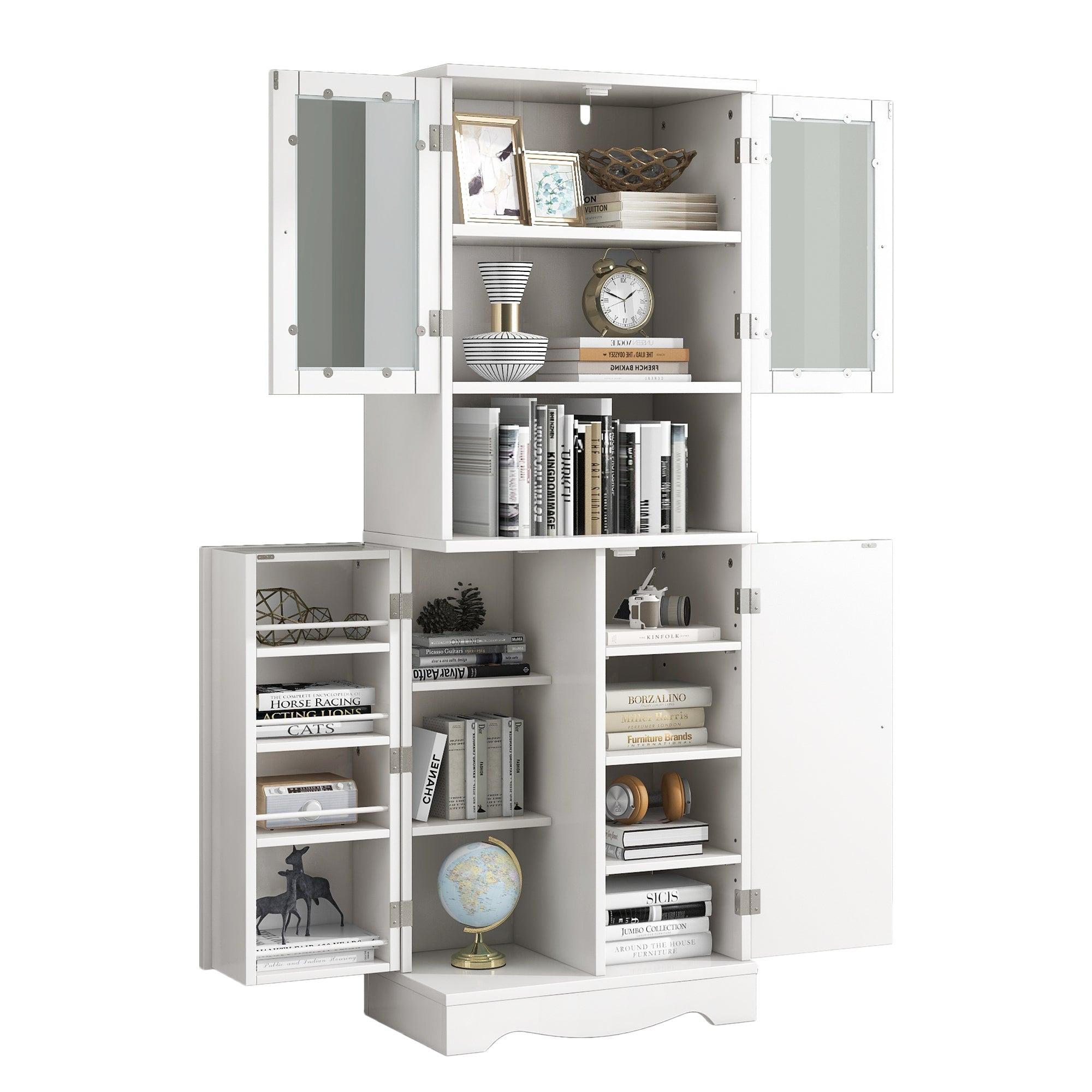 TallStorage Cabinet with Glass Doors for Bathroom/Office, MultipleStorage Space, White