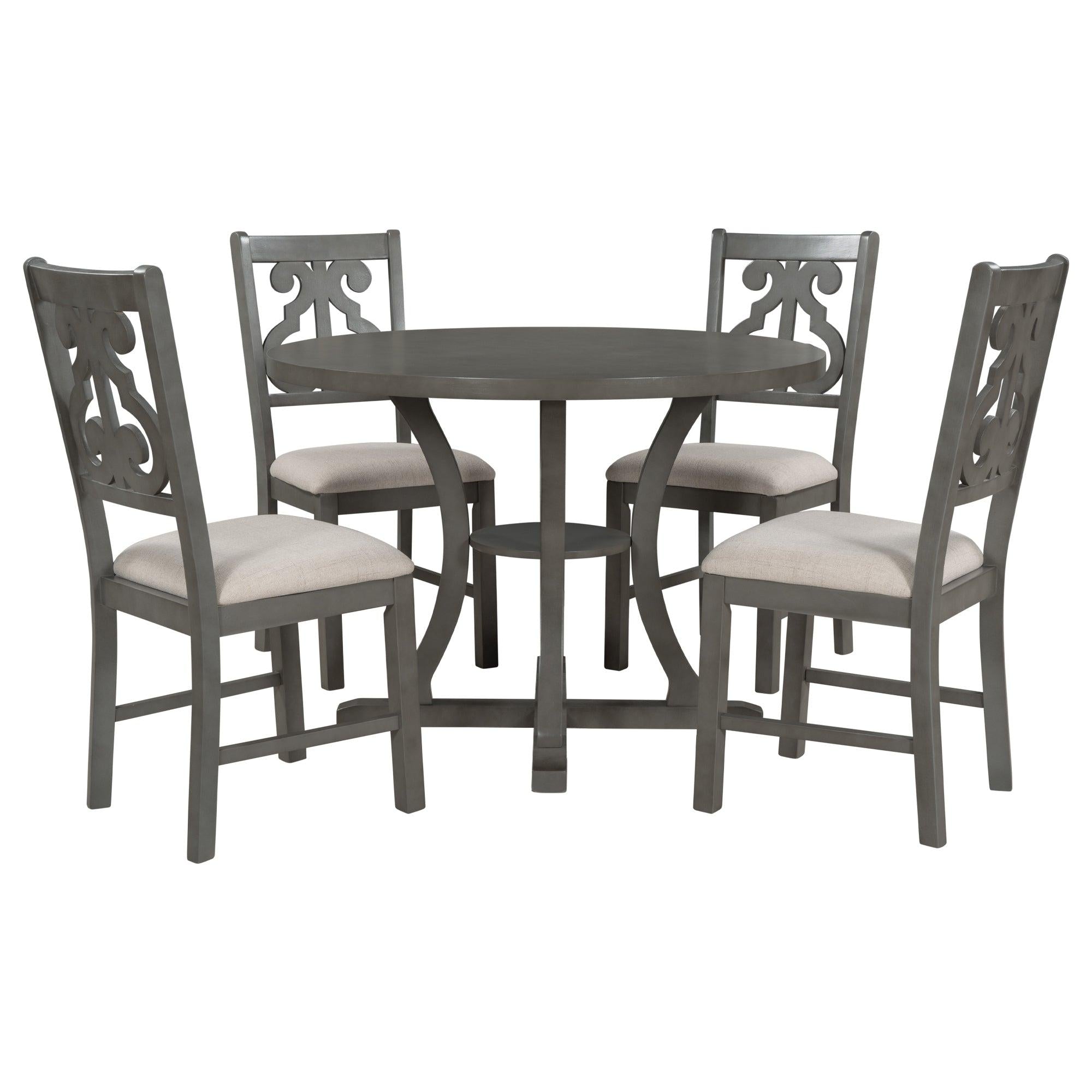 5-Piece Round Dining Table and Chair Set with Special-shaped Legs and an Exquisitely Designed Hollow Chair Back for Dining Room (Gray)