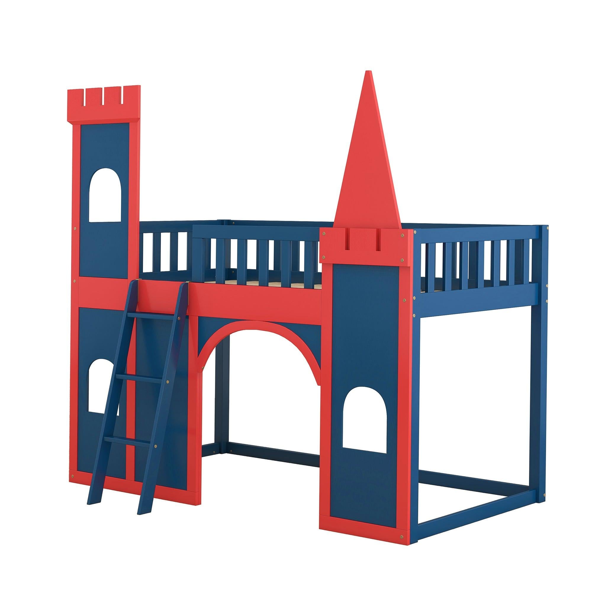 Twin Size Castle Shaped Loft Bed with UnderbedStorage Space,Red