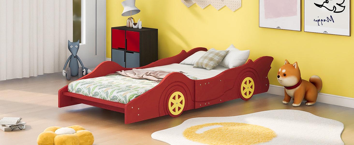 Twin Size Race Car-Shaped Platform Bed with Wheels,Red