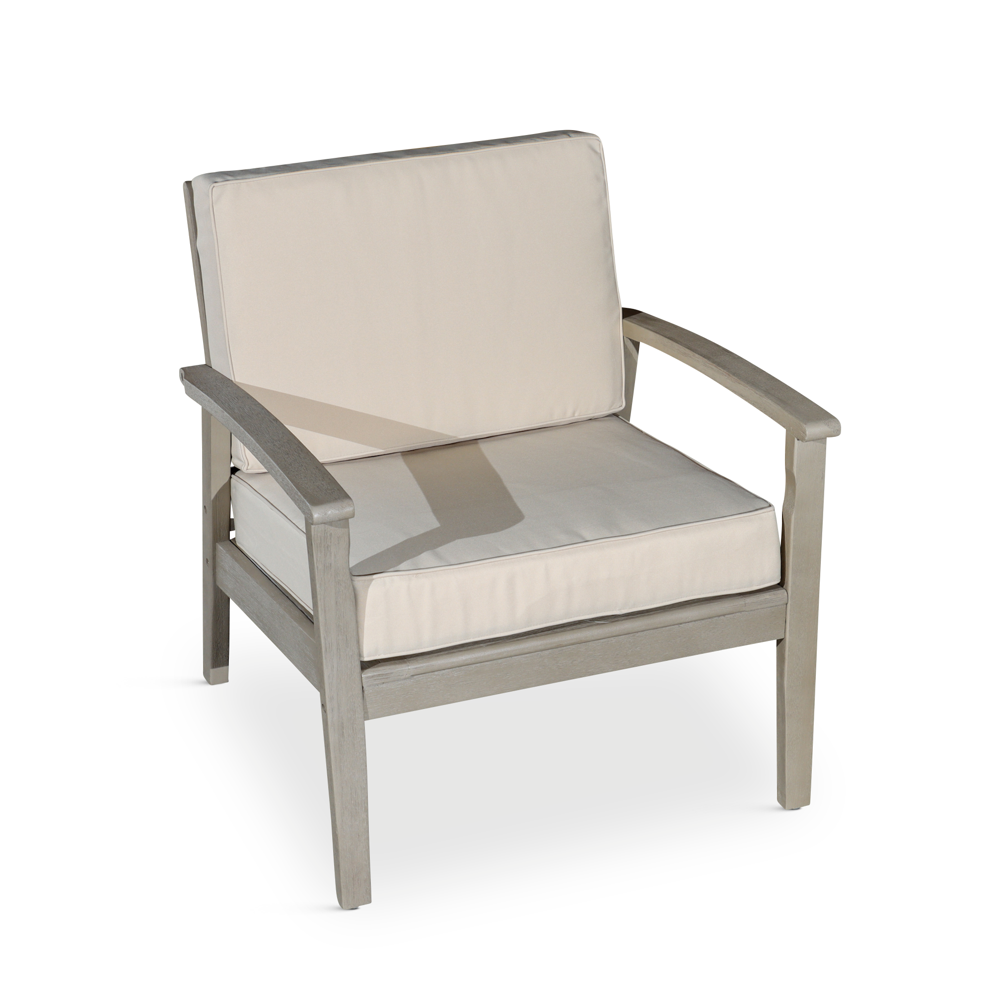 Deep Seat Eucalyptus Chair, Driftwood Gray Finish, Sand Cushions