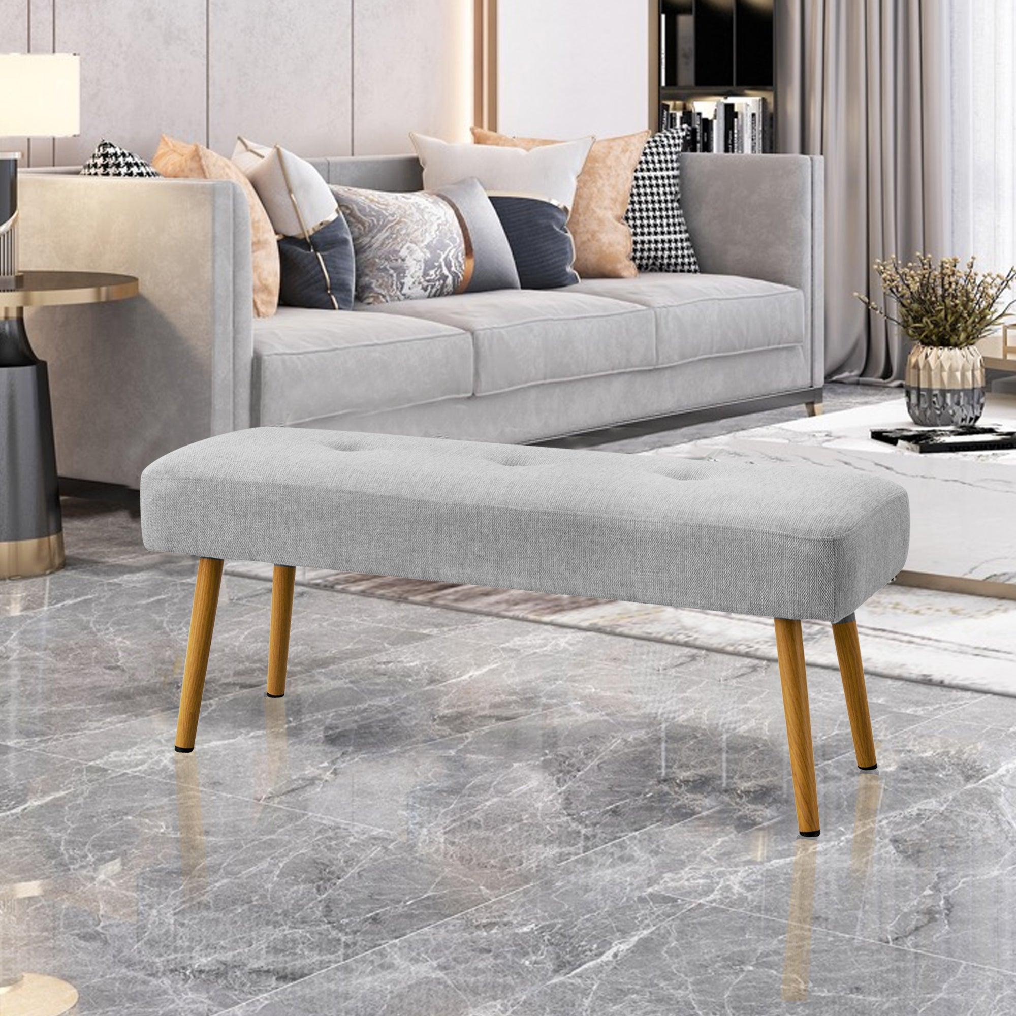 Linen Fabric Upholstered Bench With Gold Metal Legs .Shoe Changing Bench Sofa Bench Dining Chair .for to Bedroom Fitting Room, Store, Dining Room and Living Room.