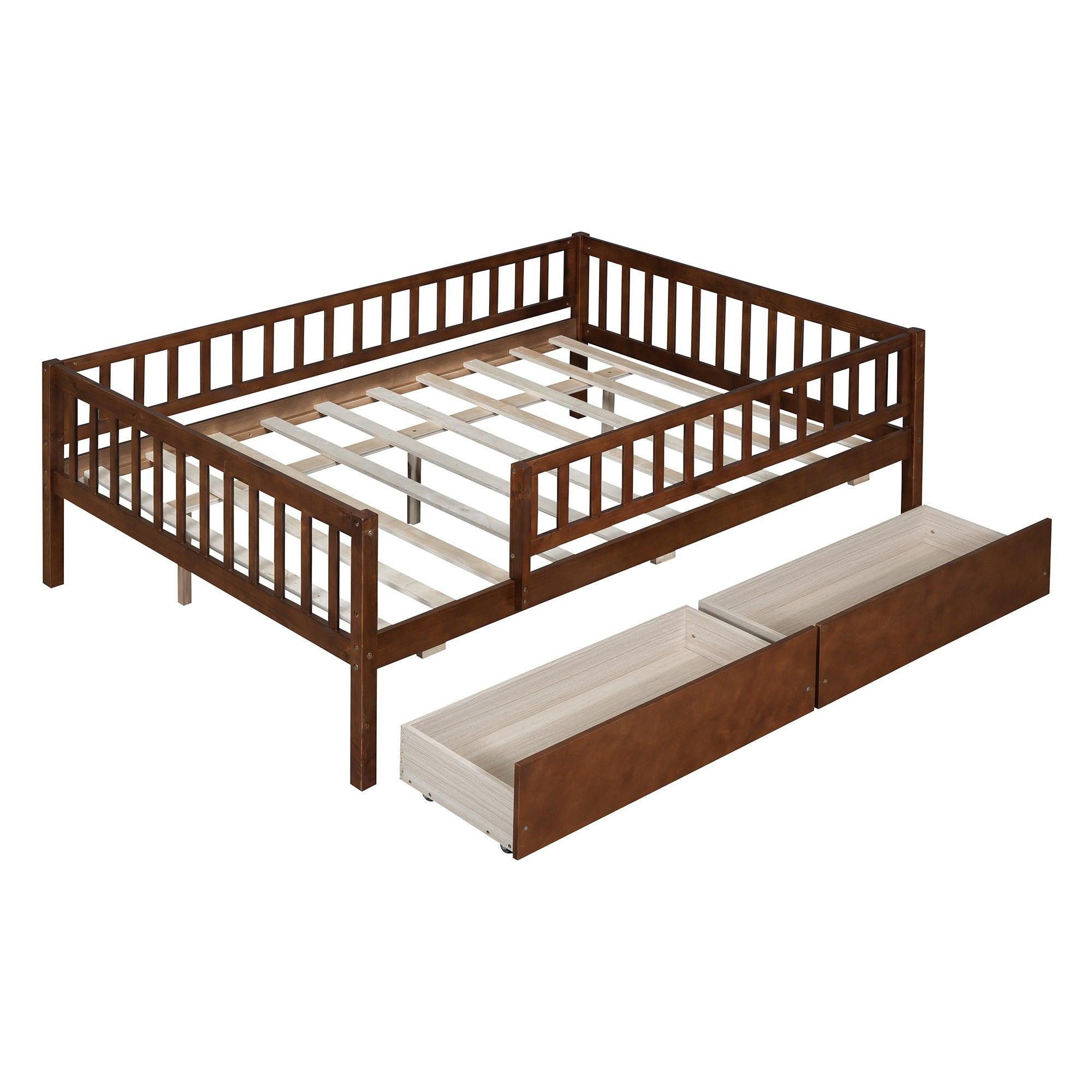 Full Size Daybed Wood Bed with Two Drawers, Walnut