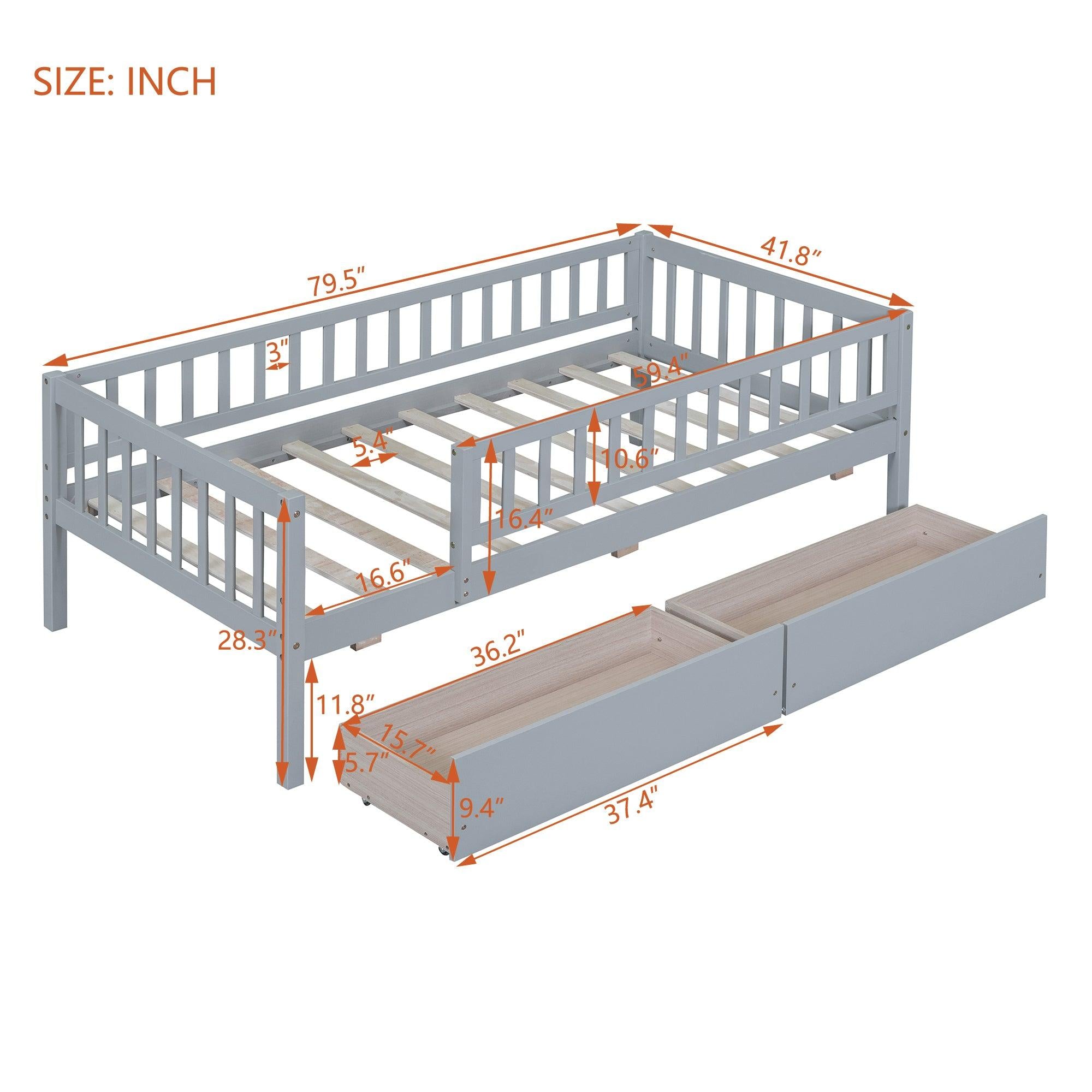 Twin Size Daybed Wood Bed with Two Drawers, Gray