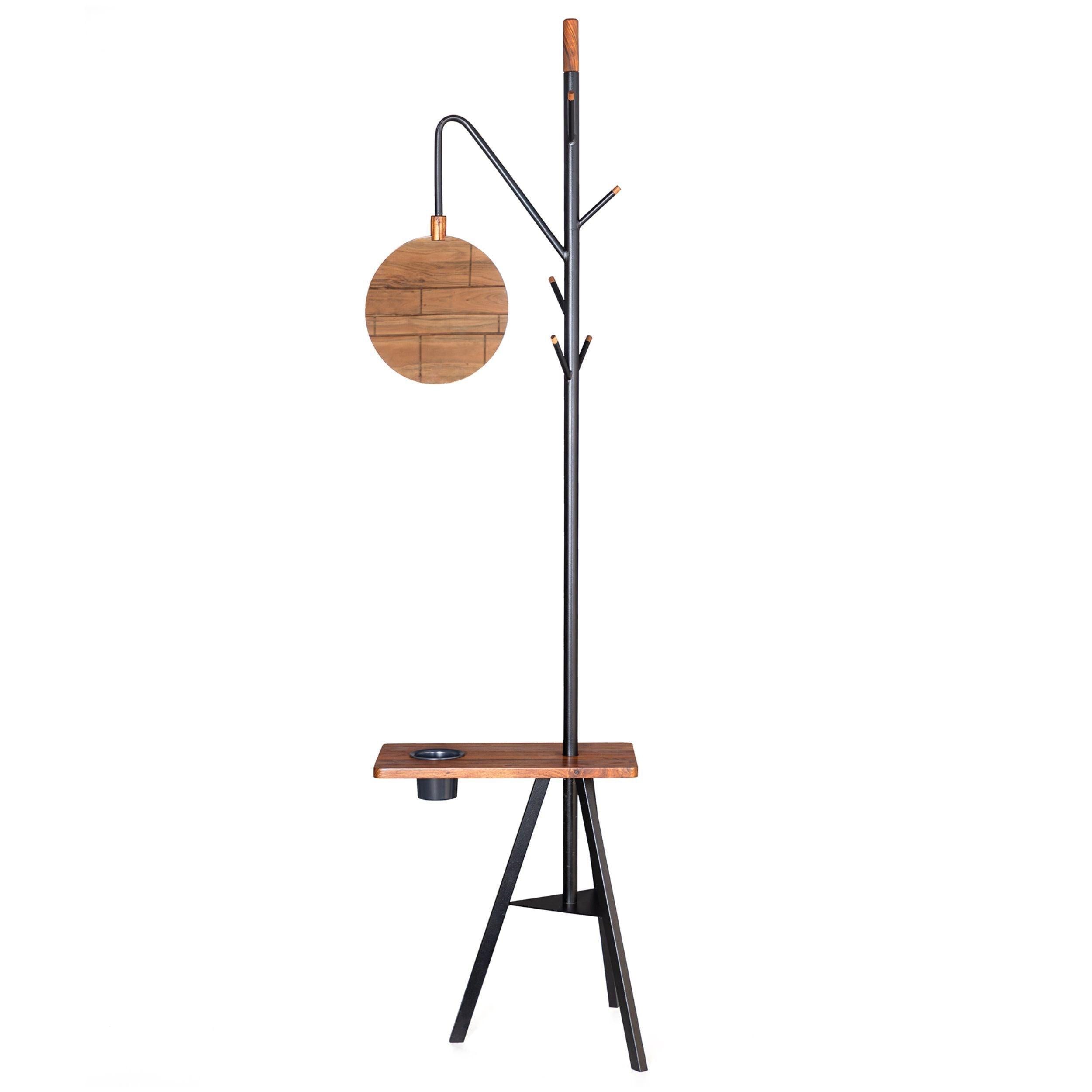 84 Inch Metal Coat Rack, Built In Mirror and Acacia Wood Accessory Table, Brown, Black