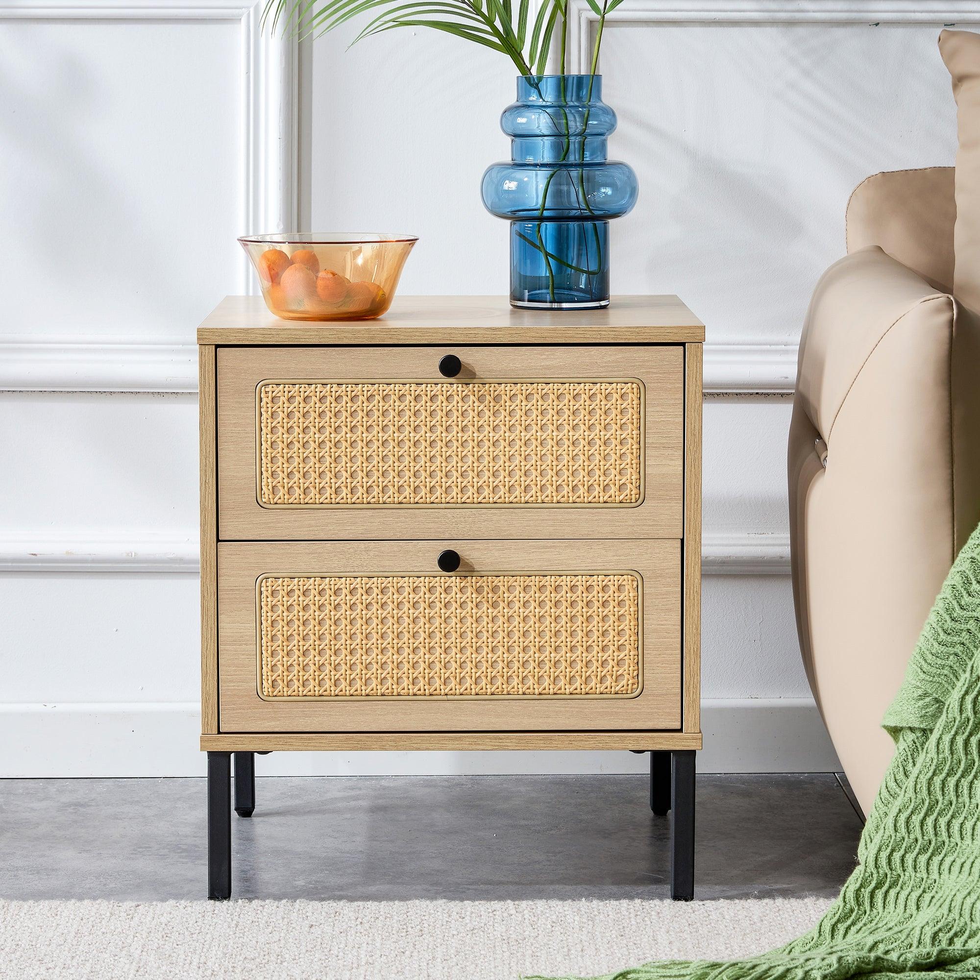 Modern simpleStorage cabinet MDF Board bedside cabinet Japanese rattan bedside cabinet Small household furniture bedside table.Applicable to dressing table in bedroom, porch, living room.2 Drawers