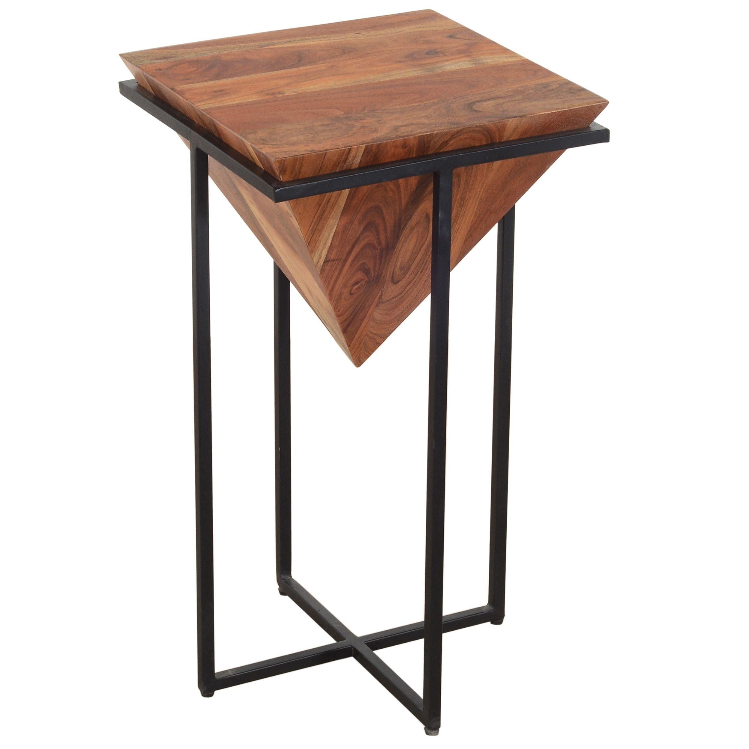 26 Inch Pyramid Shape Wooden Side Table With Cross Metal Base, Brown and Black image