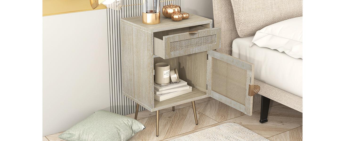 Wooden Nightstand with Rattan Panel,One Drawer ,One Cabinet and Metal Feet  Bedside Table (Natural)