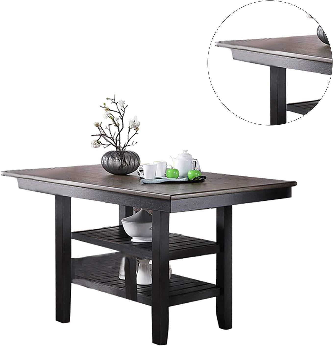 1pc Cunter Height Dining Table Dark Coffee Finish Kitchen Breakfast Dining Room Furniture Table w 2xStorage Shelve Rubber wood