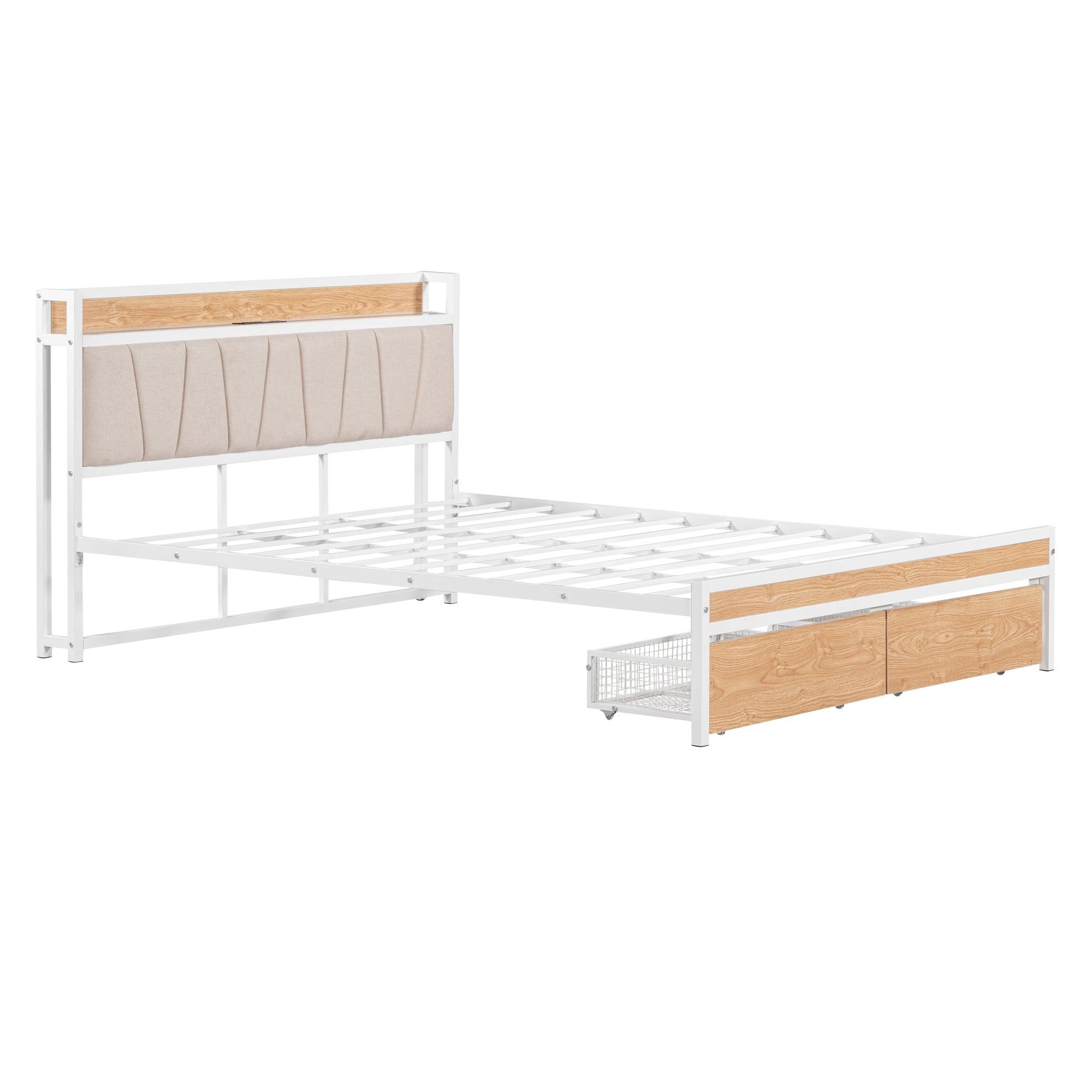 Queen Size Metal Platform Bed Frame with 2 drawers, Upholstered headboard ，Sockets, USB Ports and Slat Support ,No Box Spring Needed，White