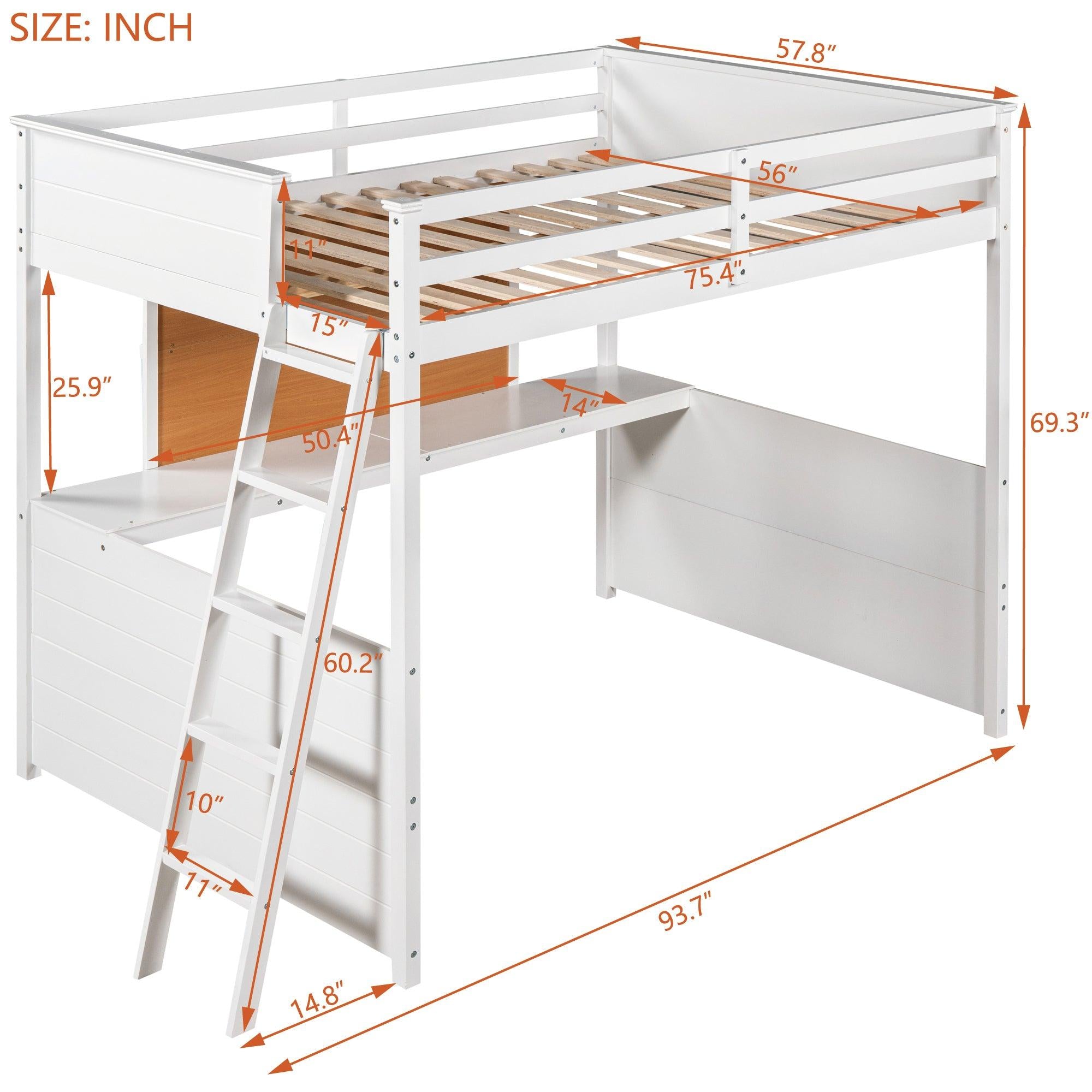 Full size Loft Bed with Desk and Writing Board, Wooden Loft Bed with Desk - White